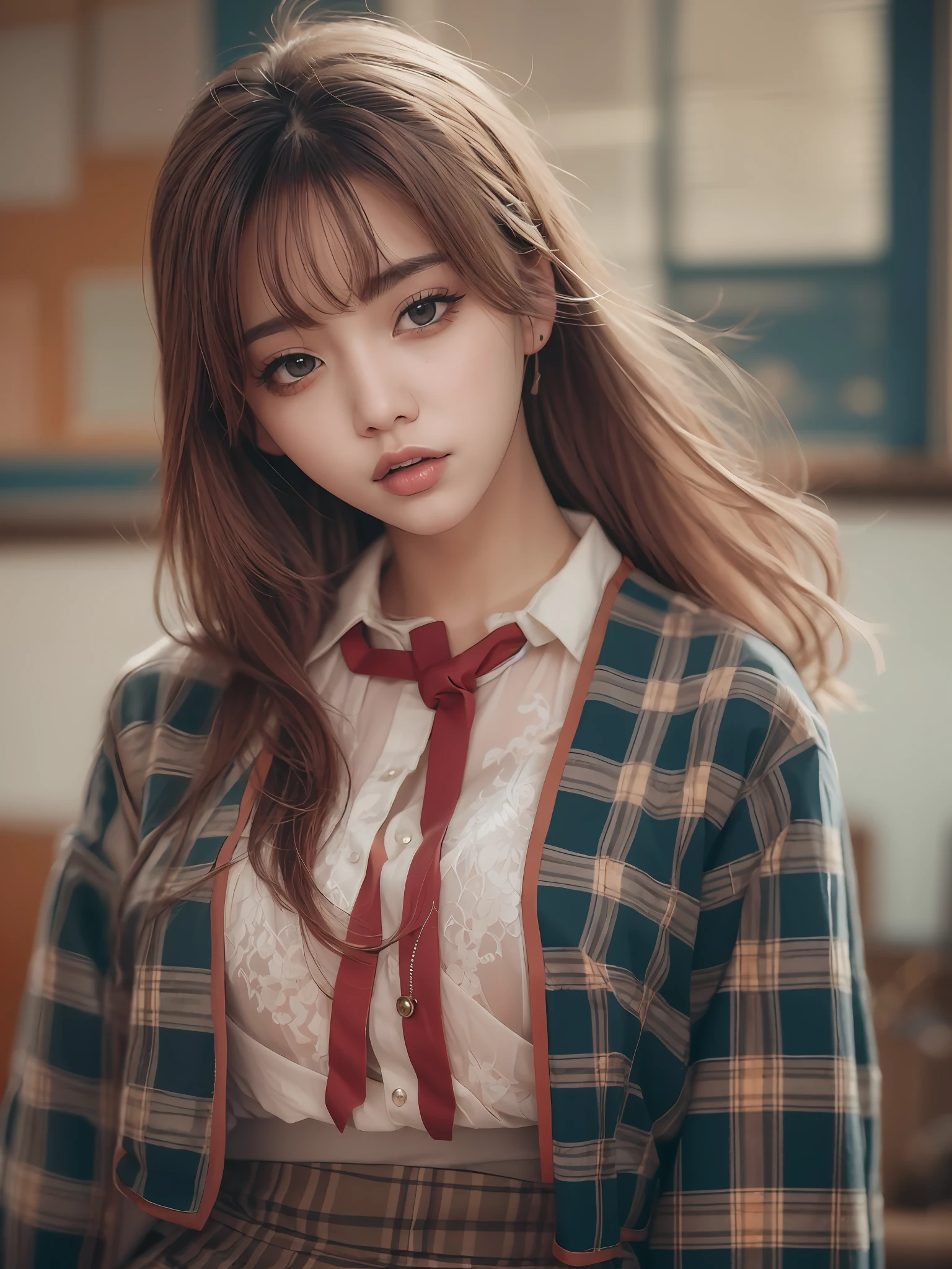 masterpiece, best quality, (realistic, photo-realistic:1.37), 8k, an extremely delicate and beautiful, amazing, finely detail, official art, absurdres, incredibly absurdres, huge filesize, ultra-detailed, extremely detailed, beautiful detailed girl, extremely detailed eyes and face, beautiful detailed eyes, light on face, nsfw, 1girl, looking at viewer, (perfect female figure), slim waist, (kpop idol), (aegyo sal:1), full body, large breasts, standing, school uniform, plaid skirt, collared shirt, midriff, unbuttoned, open clothes,, bangs, feminine expressions, ulzzang-6500-v1.1