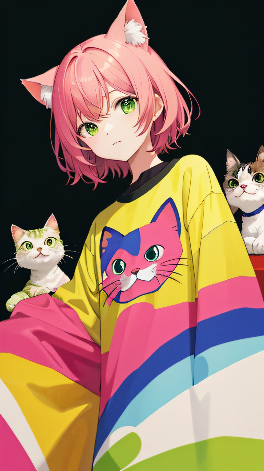 (​masterpiece、top-quality、hight resolution)、(Cats、abstracted)、A logo、Background Pink、Green cat、Face straight in front of you、background yellow、Cool clothes