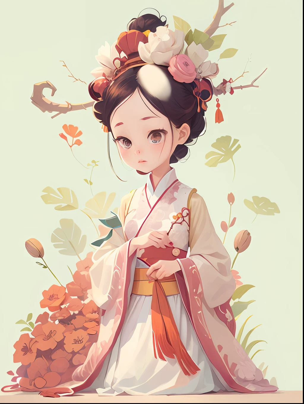 Chinese minimalist cartoon illustration,white clean background,A girl in court Hanfu,Headwear made of nuts and hairpin dressup