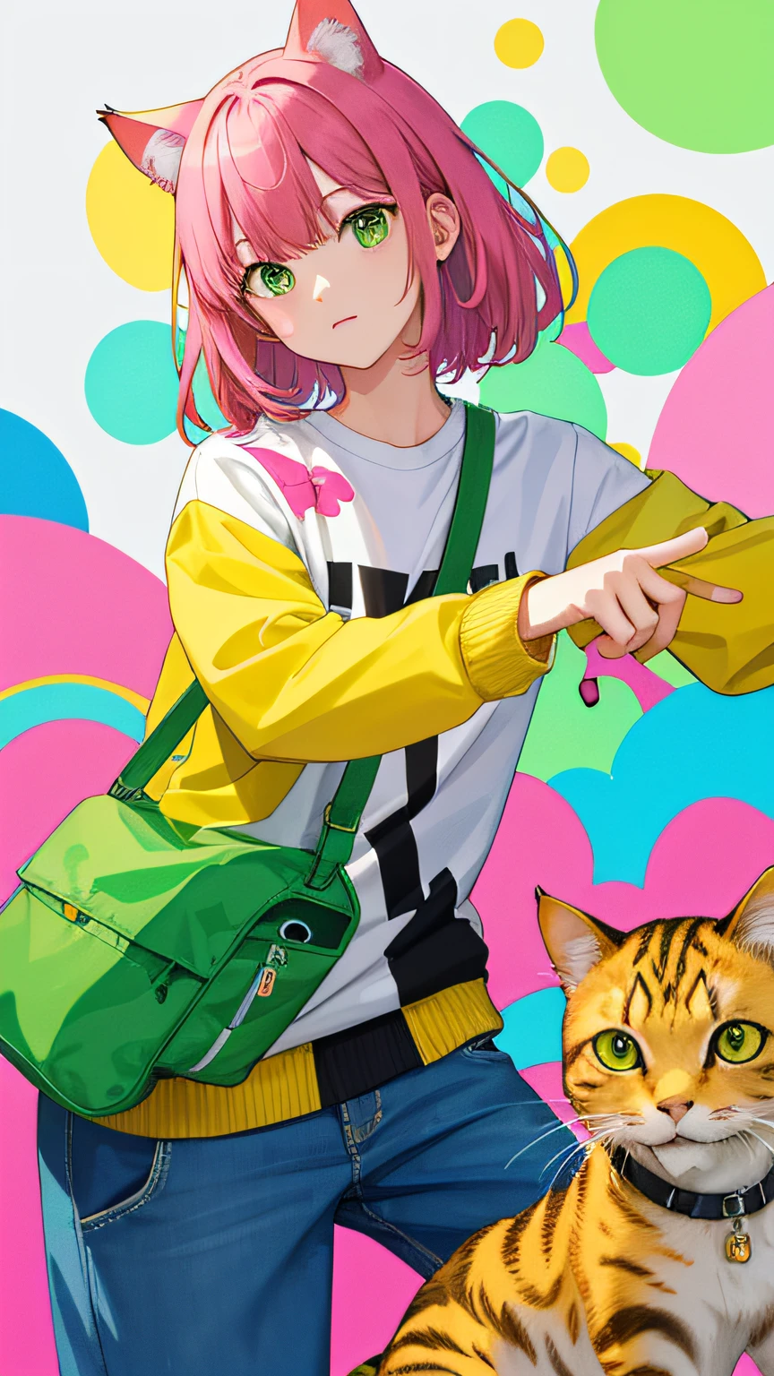 (masterpiece、top-quality、hight resolution)、(Cats、abstracted)、A logo、Background Pink、Green cat、Face straight in front of you、background yellow、Cool clothes