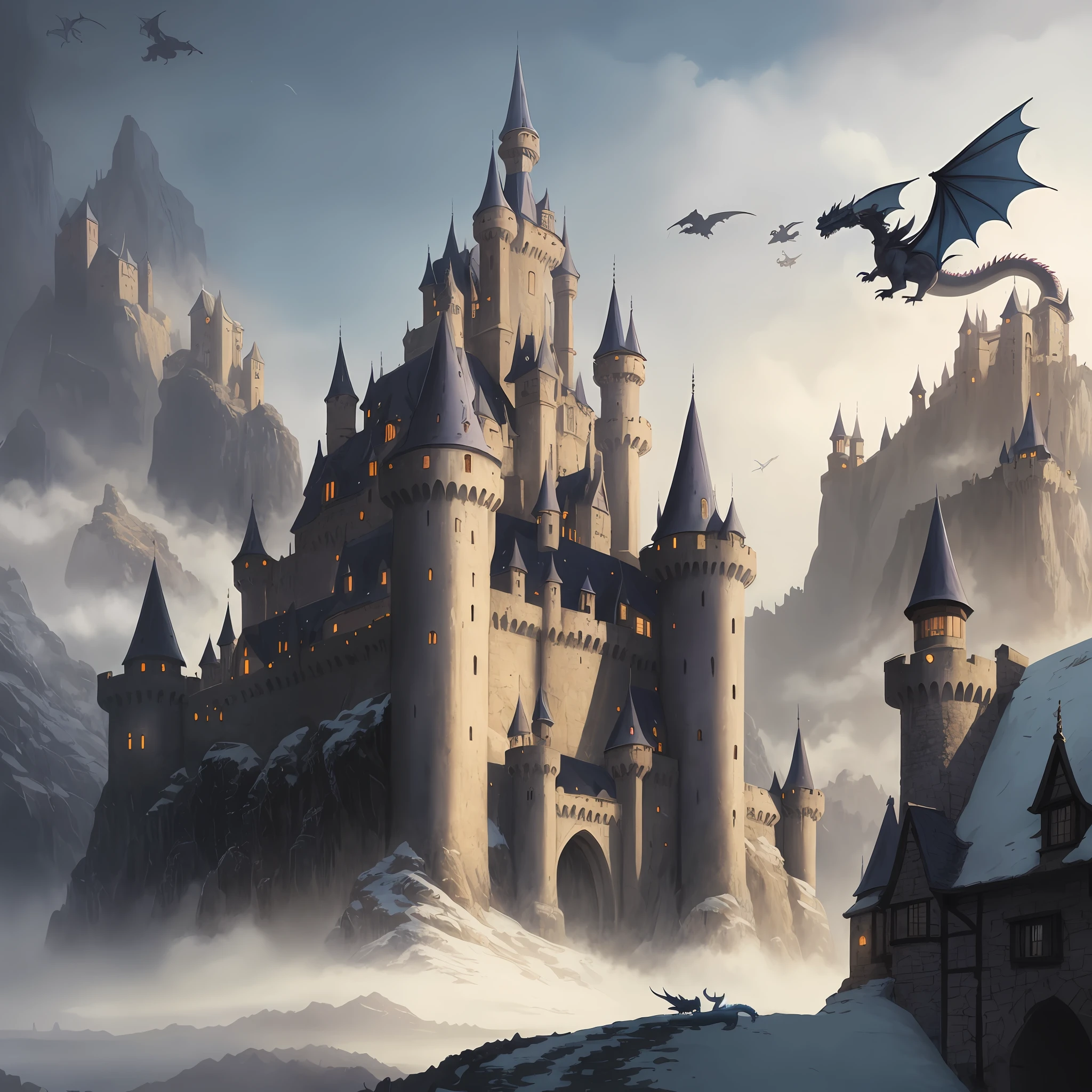 There is a castle，A dragon flew over it, high fantasy castle, epic castle with tall spires, fantasy rpg book illustration, Medieval fantasy art, Realistic fantasy illustration, detailed matte fantasy painting, Medieval fantasy landscape, Fantasy castle, highly detailed fantasy art, epic fantasy novel cover art, Medieval fantasy illustration, epic fantasy illustration, fantasy book illustration, dungeons and dragons fantasy art