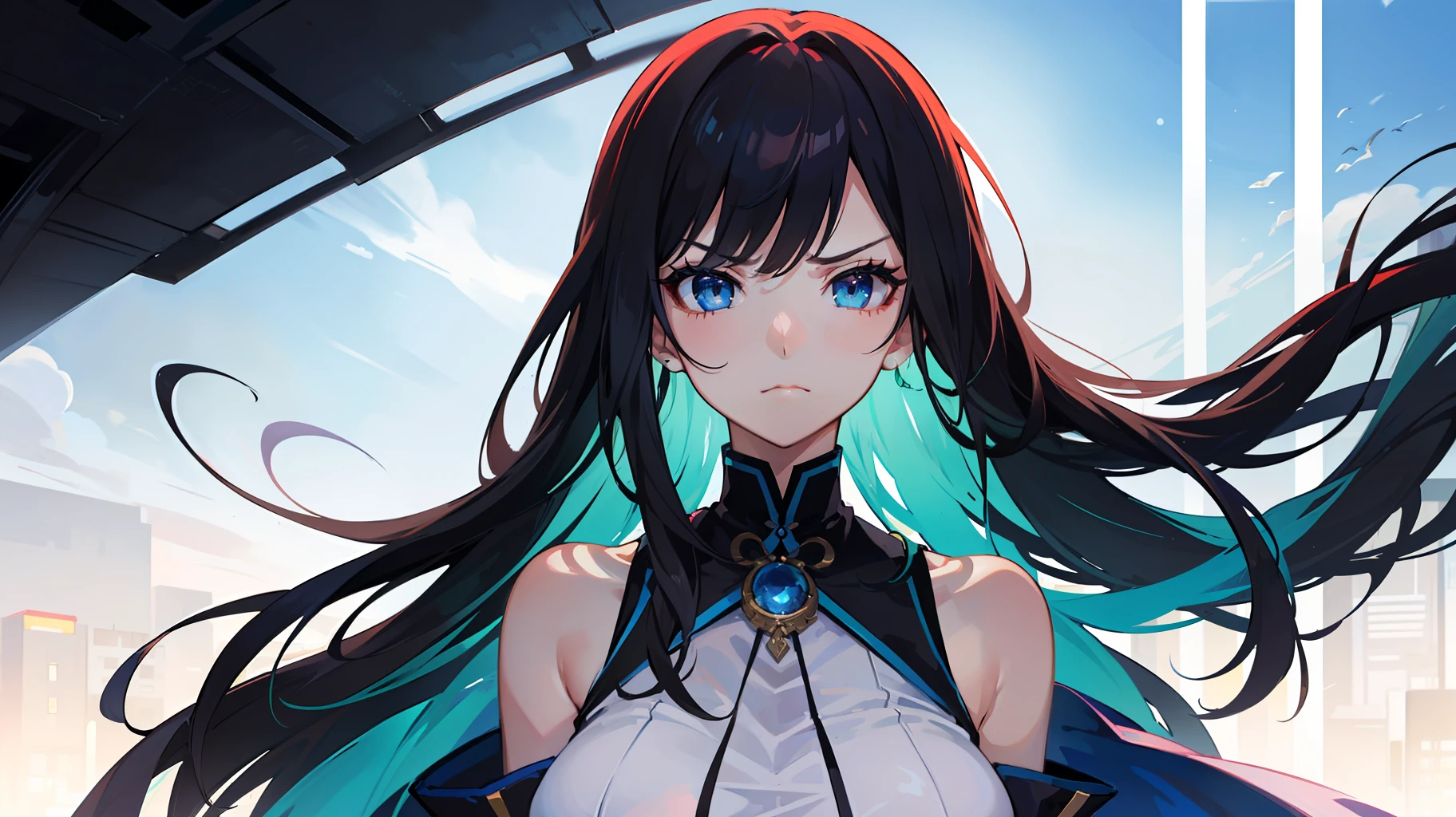 1girll, (Solo:1.2), ((Masterpiece)), [Slim], huge tit ((Detailed eyes)), (Bokeh effect), Medium shot, Beidou development, Long hair, (multicolored hair), ((Blue and white)) dress, (scowling), constricted pupil, annoyed, Closed mouth, (Anime), Bright blue eyes，nakeness，tit，