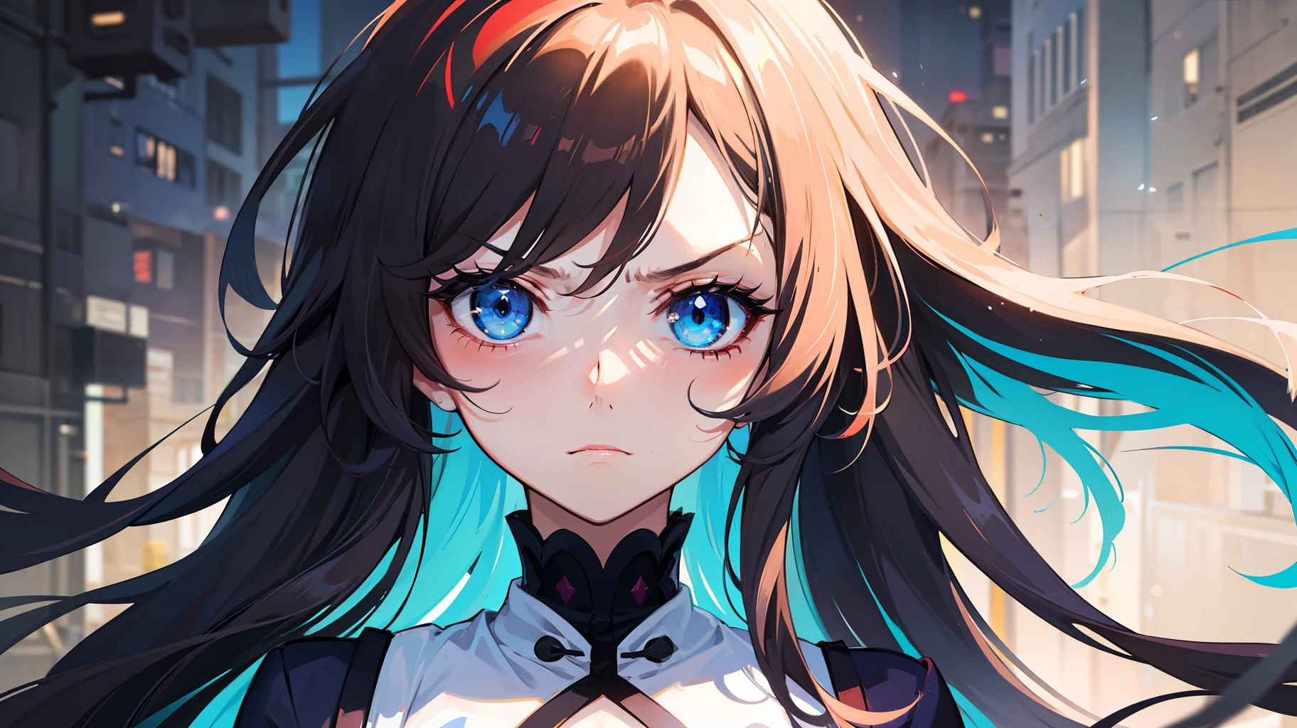 1girll, (Solo:1.2), ((Masterpiece)), [Slim], huge tit ((Detailed eyes)), (Bokeh effect), Medium shot, Beidou development, Long hair, (multicolored hair), ((Blue and white)) dress, (scowling), constricted pupil, annoyed, Closed mouth, (Anime), Bright blue eyes，nakeness，tit，