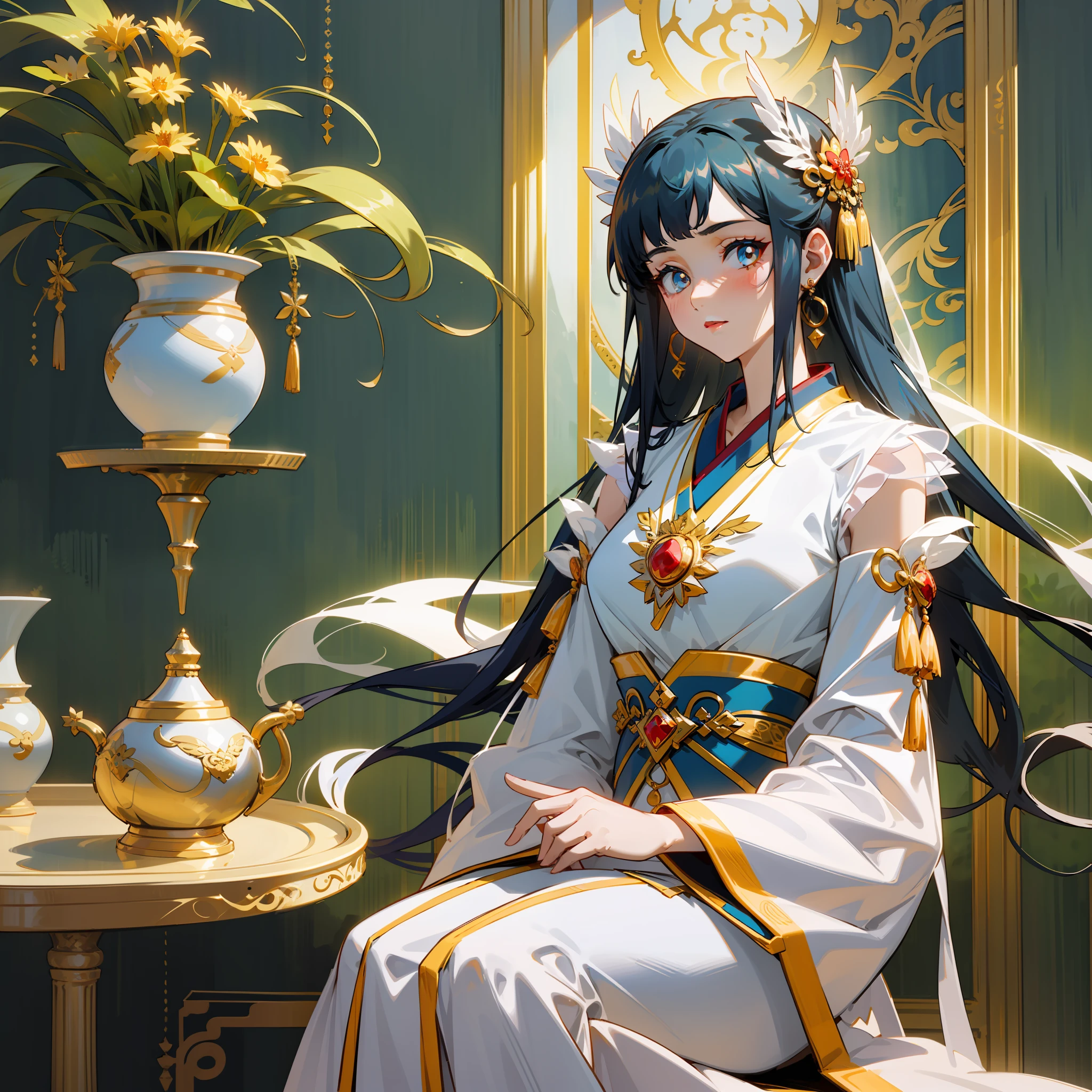 There is a woman sitting on a table with a vase, white skin, melancholy eyes, a palace, a girl in Hanfu, beautiful figure painting, white Hanfu, Hanfu, hair accessories, , looking at the viewer, red lips, skirt, hair accessories, necklaces, jewellery, long hair, earrings, closed mouth, extravagance