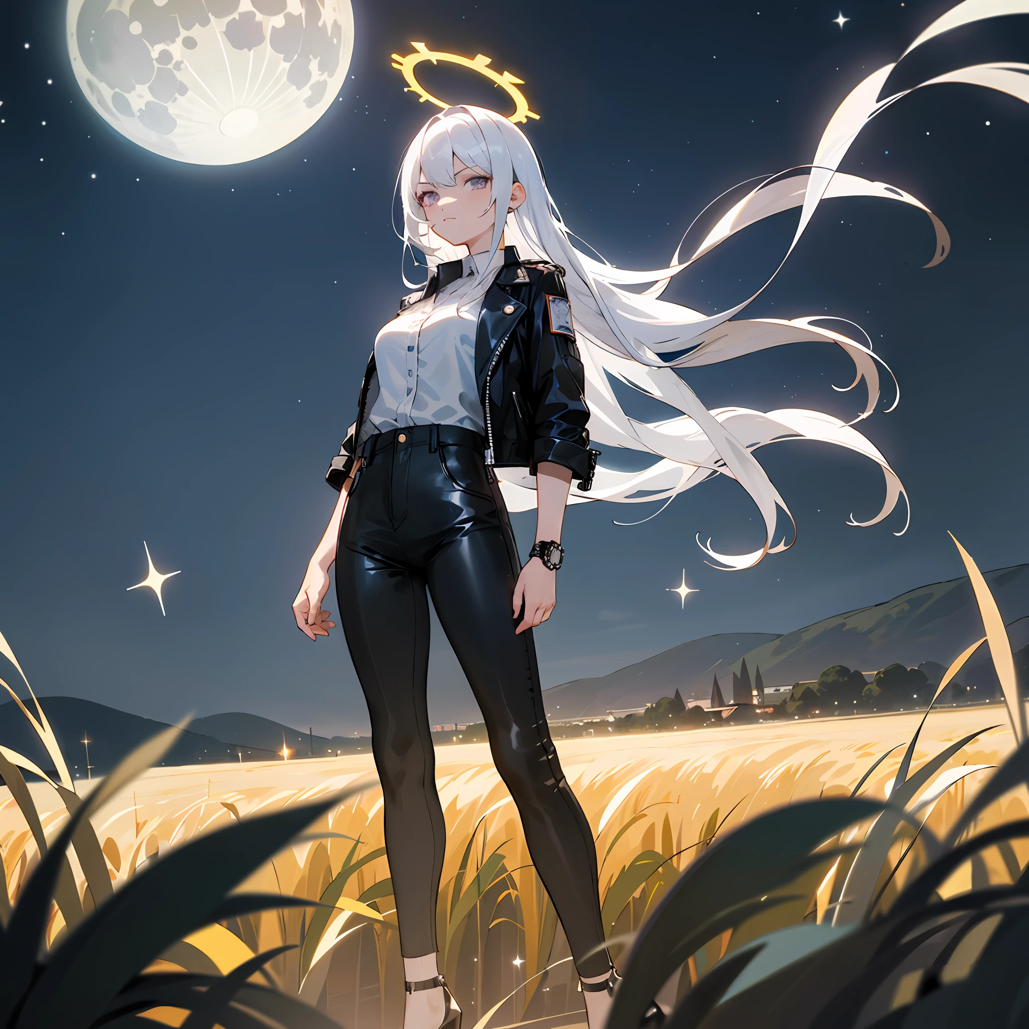 1((masterpiece,best quality,highest quality,illustration,intricate details)), teenage, white hair, white halo, blue archive style halo, standing, black crop leather jacket, small leather jacket, white shirt, long black pants, white high heels, big breasts, (long hair), 1girl, dark violet eyes, normal eyes, Serious face, night, stars, full moon, overlook,kingdom, panorama, landscape,field, rural, looking at viewer.