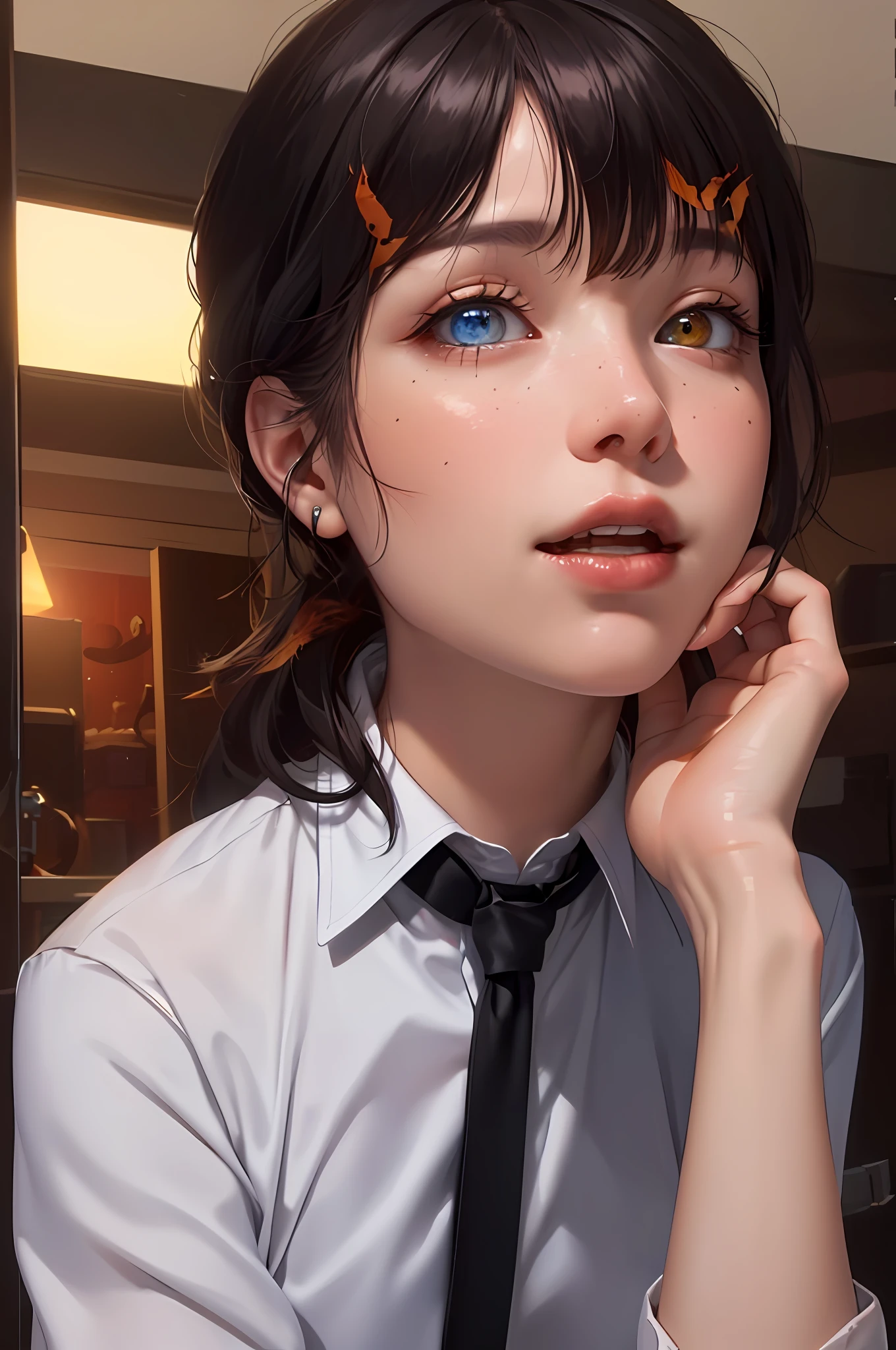 (masterpiece, best quality, ultra face detailed, unreal engine 5), albino woman's face, bathed in warm orange hues, as if lit by the soft glow of a sunset, her eyes sparkling with joy and contentment, platinum blonde hair, heterochromia eyes, alone, solo, blonde