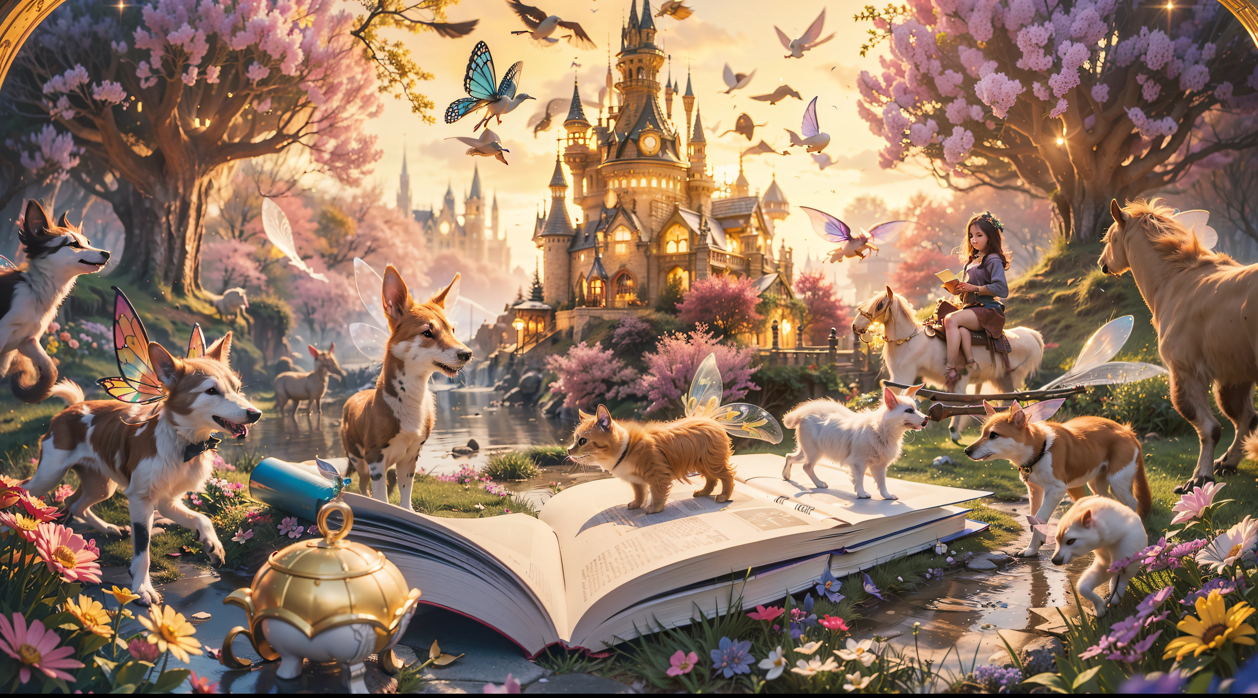 (A fantastical fairy tale picture book), open state, animals and magical light emerge from the book, (((4K, masterpiece, high quality, high details)))