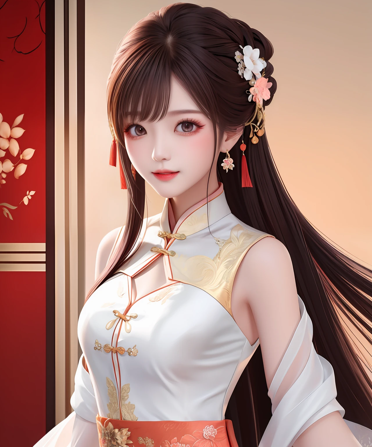 Chinese red wedding dress, female long hair, apricot eyes