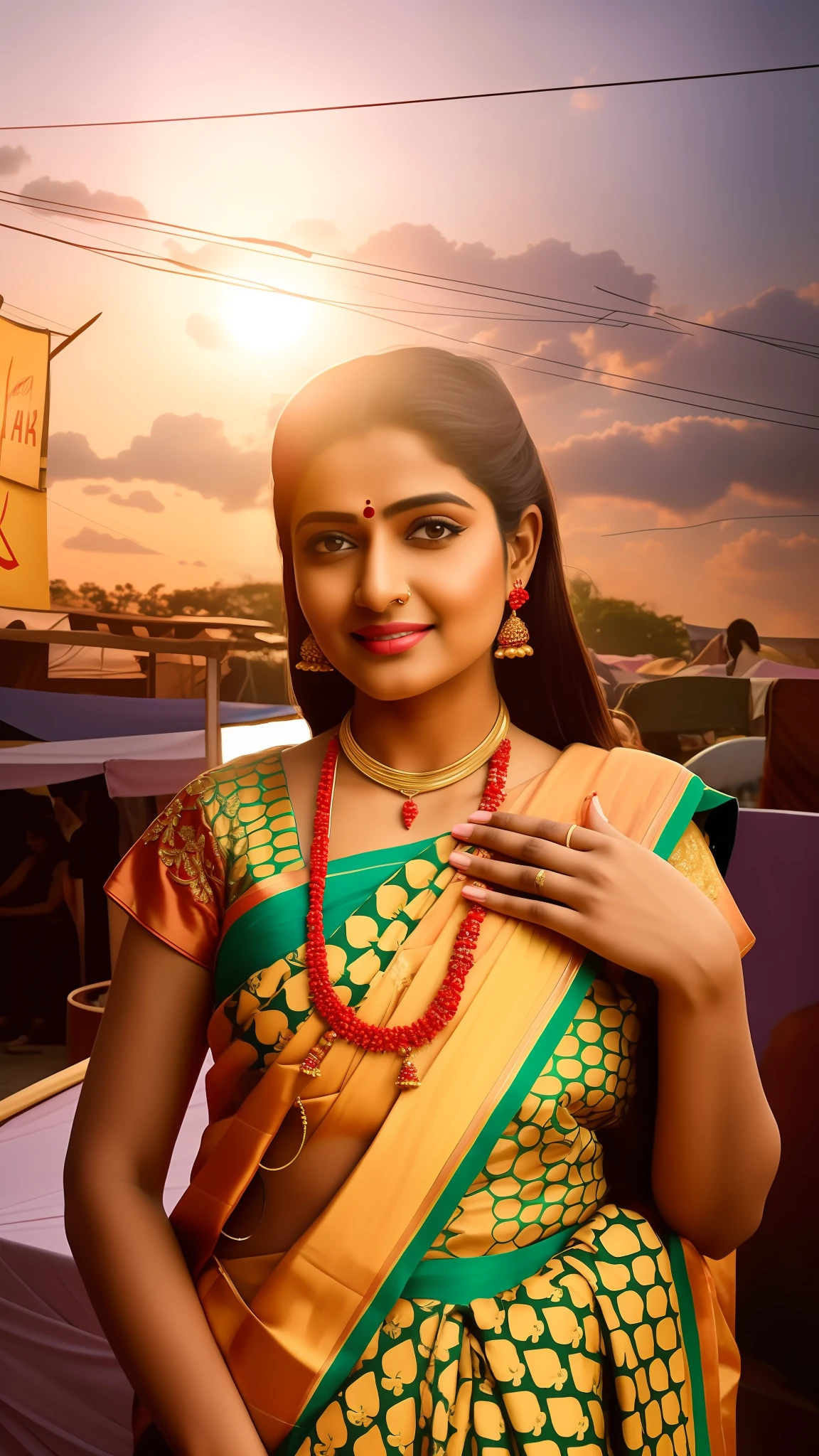 Bollywood indian female fashion mode,fair skin,dressed Sari,Happy expression on face,at the night market,backlight, extremely realistic, 8k, insane details, intricate details, cinematic color graded,Color Grading, Editorial Photography, Photography,sharp focus, taken with a 60mm lens, ISO 300, f/4, 1/200th