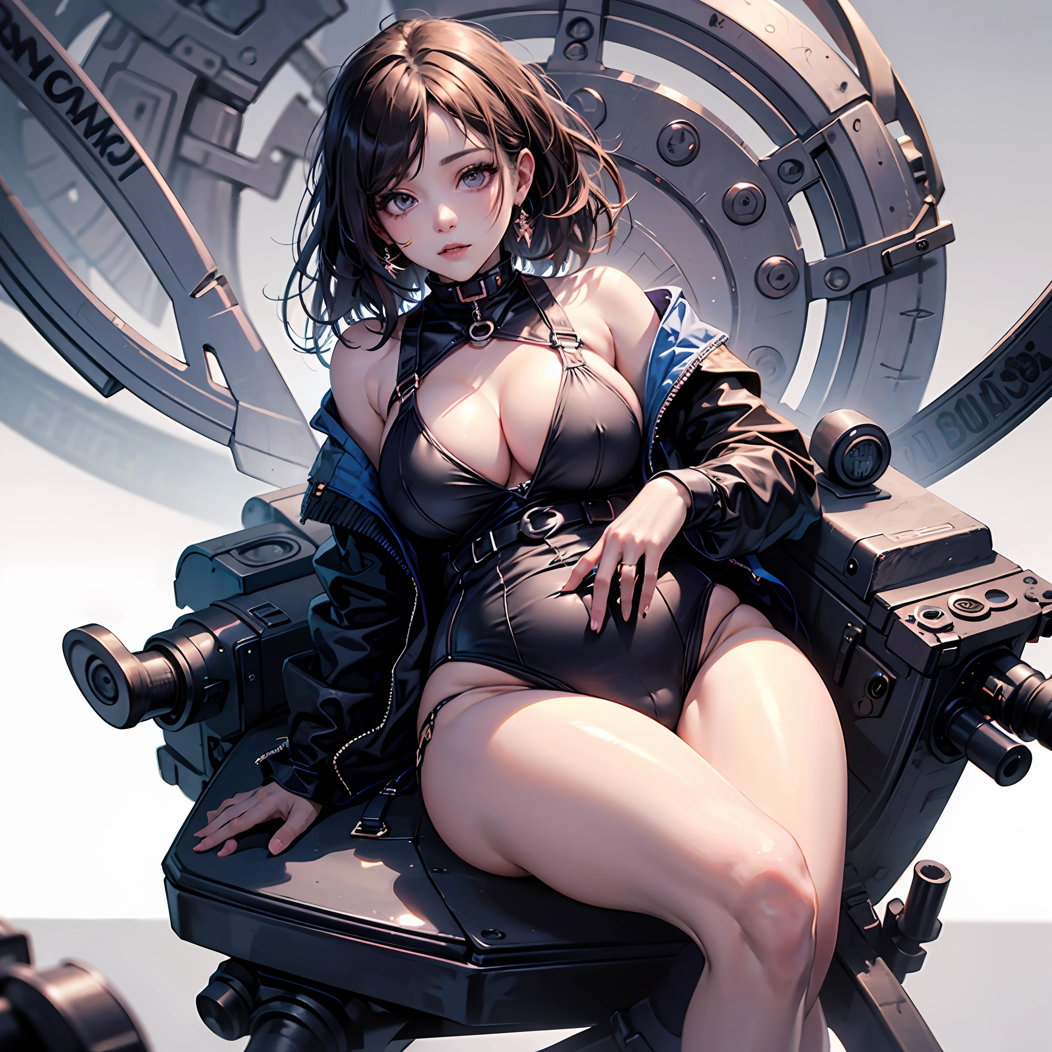 woman(tmasterpiece,best qualityer,hyper-detailing,Fine and detailed eyes and detailed face) garments:Ultra-thin sheer swimsuit, allure:brunette color hair,natural makeup,(Purple eye:1.05),Wide buttock,huge tit,Cleavage is seductive,maternal,looking at viewert,curvy build,Raised sexy,full bodyesbian,(a matural female,A MILF:1.1),独奏,(curves:1.1), big assa,thick thight,A MILF,Military Office Background,sitting down,Open your legs --auto