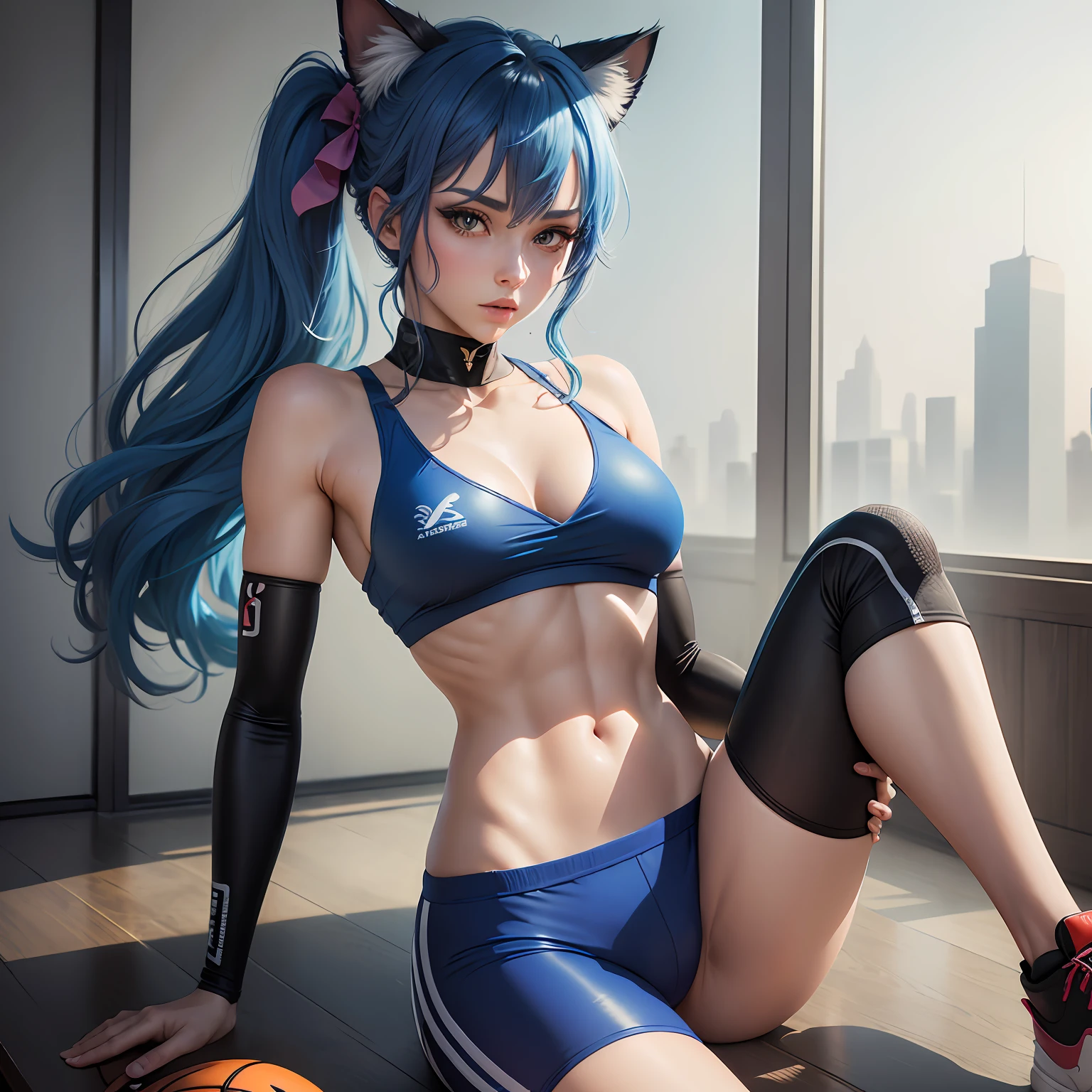 full bodyesbian, blue hair, hair bow, longeyelashes, cat ears, full bodyesbian, long leges, tall, basketball suit, shorter pants, athletic sneakers, blue hair, hair bow, longeyelashes, cat ears, high detail, high detail, masterpiece, ccurate, anatomically correct, textured skin, super detail, high details, high quality, award winning, best quality, 16k, masterpiece, ccurate, anatomically correct, textured skin, super detail, high details, high quality, award winning, best quality, 16k --auto
