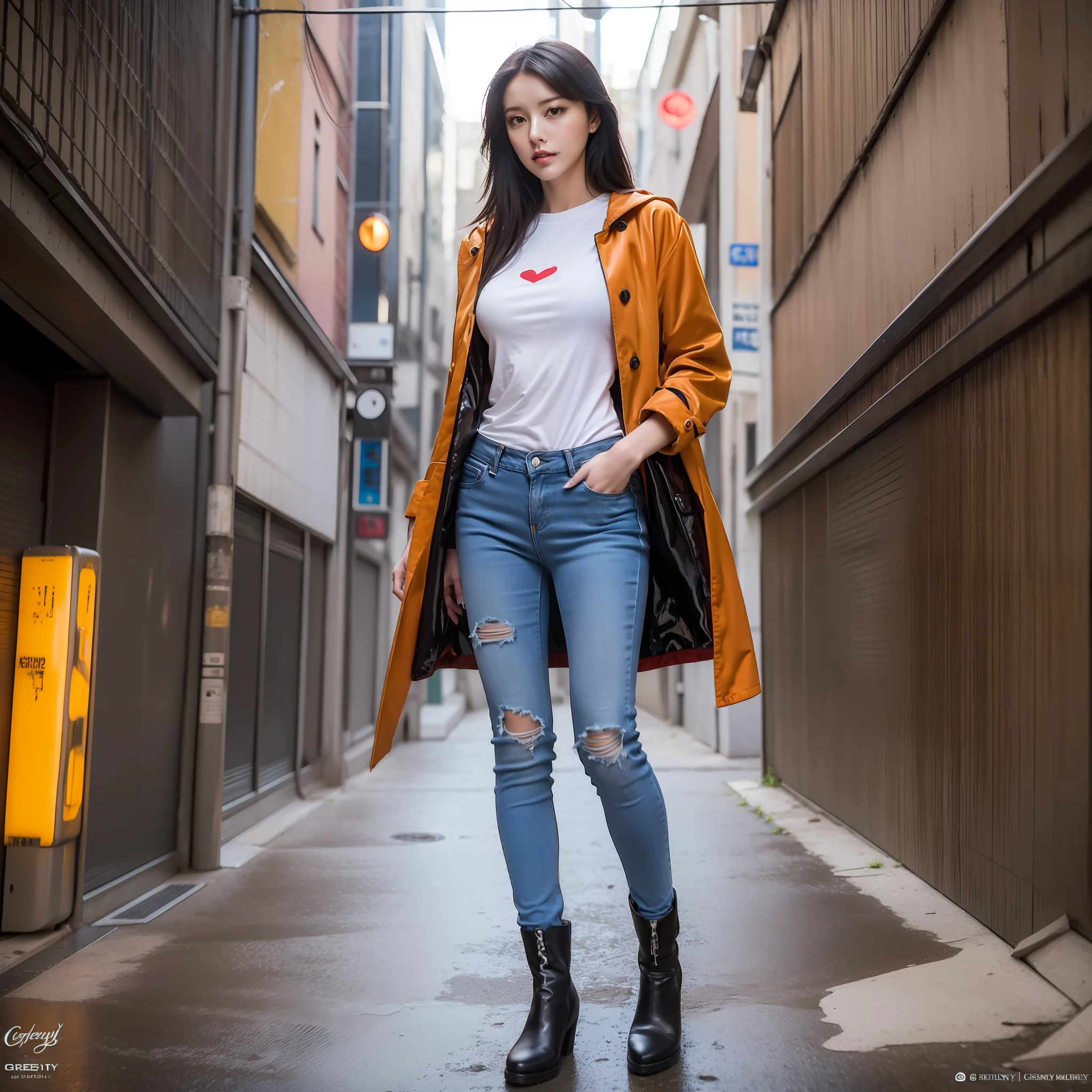 full body shot photo of the most beautiful artwork in the world featuring a black silky hair modern 24yrs Italian female (rogue thief:1.1) wearing white plain basic long Teeshirt, round neck, full length tee-shirt, big eyes, tight torn jeans, perfect legs, red heel's, Urban futuristic environment, neon lights, night, slow motion, reflections, orange raincoat, intricate detail, nostalgia, high boots, heart professional majestic oil painting by Ed Binkley, Atey Ghailan, Studio Ghibli, by Jeremy Mann, Gregory Manchess, Antonio Moro, trending on ArtStation, trending on CGSociety, Intricate, High Detail, Sharp focus, dramatic, photorealistic painting art by midjourney and greg rutkowski