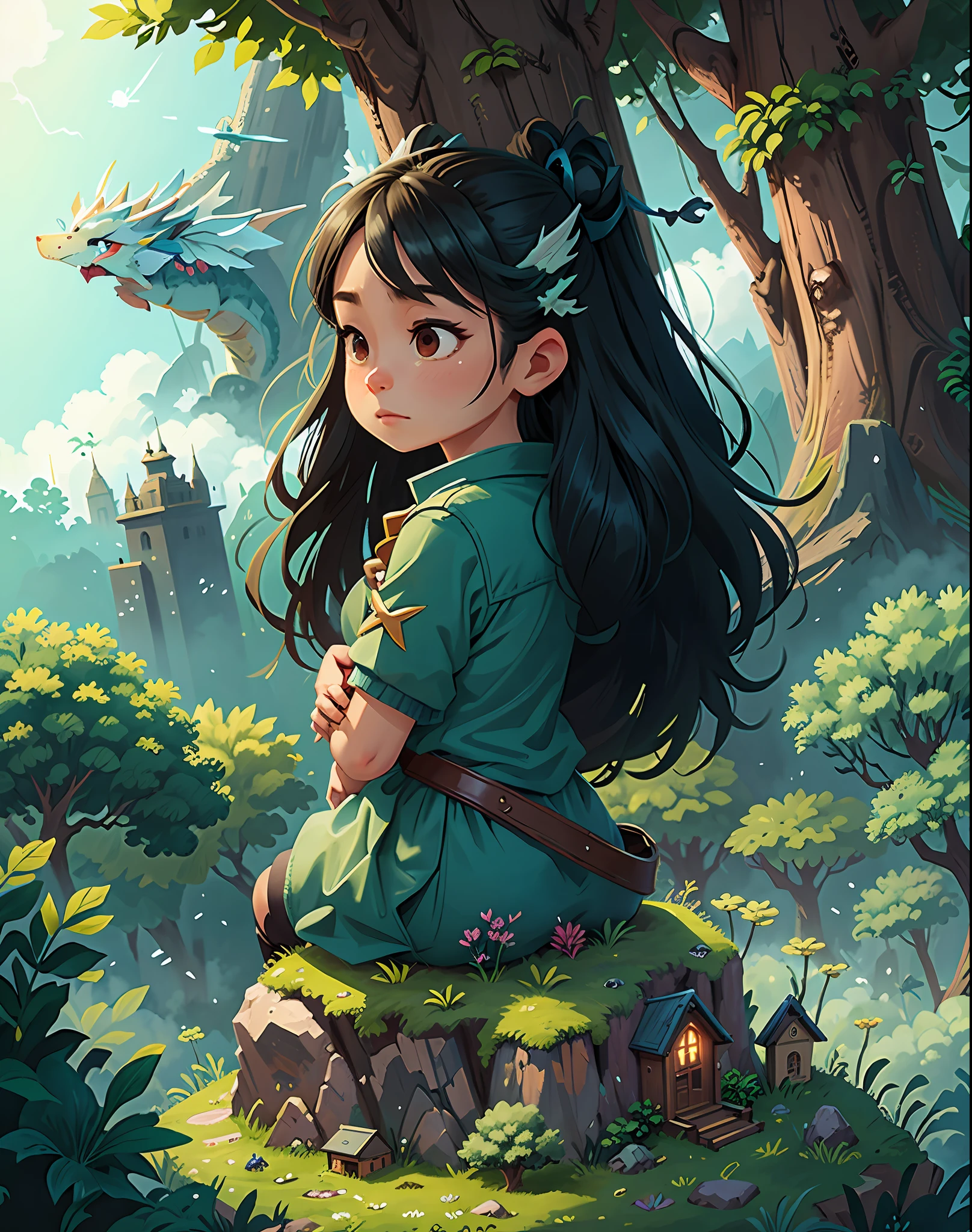 octane,a fairy world,Fantasy Sky,(There is a dragon flying in the sky),Clouds surround the dragon,A lot of lightning,Dream Sky,As estrelas(Skysky),scenecy,starrysky,the night,1girll,nigh sky,独奏,exteriors,buliding,clouds,galactic,sitted,The tree,Long hair,城市,siluette,view over city,mistic,fairytale-like,