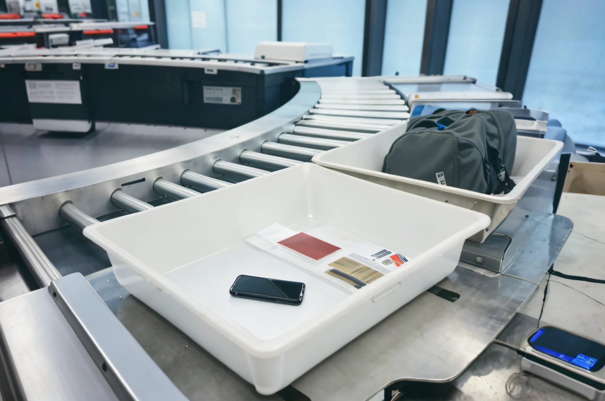 There is a white container,There was a cell phone and a bag on it, scanning items with smartphone, in suitcase, Luggage, airport, monitor, version 3, very accurate photo, the photo shows a large, highly accurate, beautiful high resolution, conveyor belt, Modern technology, the other is used for flight, in australia, set photo, accurate and detailed