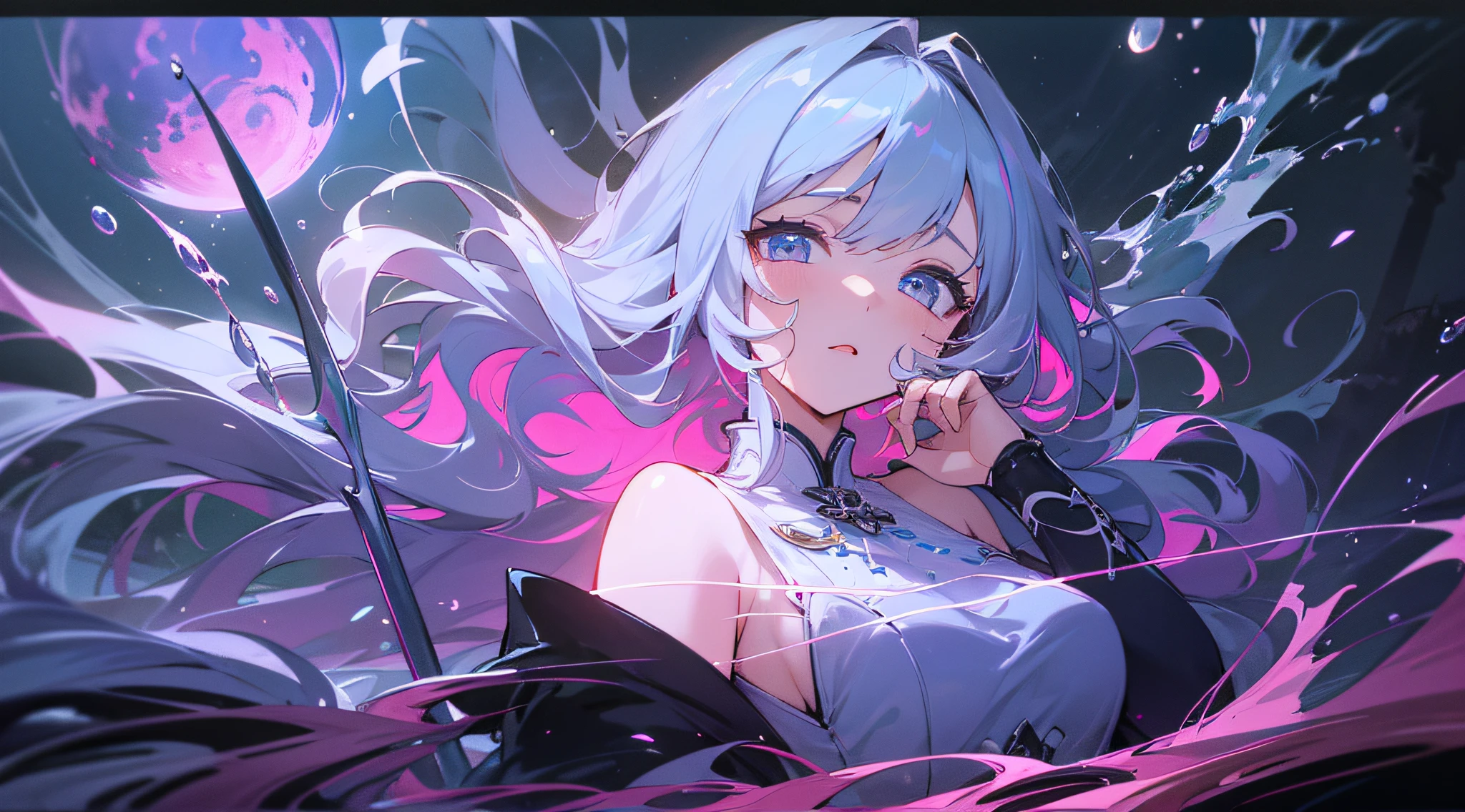 1girl in、独奏、Dynamic Angle、Dynamic Hair、Dynamic Pause、masterpiece、beautiful detailed hand、illustratio、Beautiful detailed night sky、beatiful detailed eyes、Cinematic Light、ultra-detailliert、dishevled hair、Long silver hair、curlyhair、aquariums、foam、The Darkness、White Side Slit Dress、wet、from the rear、is standing、under the water、Abandoned castle、Looking into the distance、White particles glow