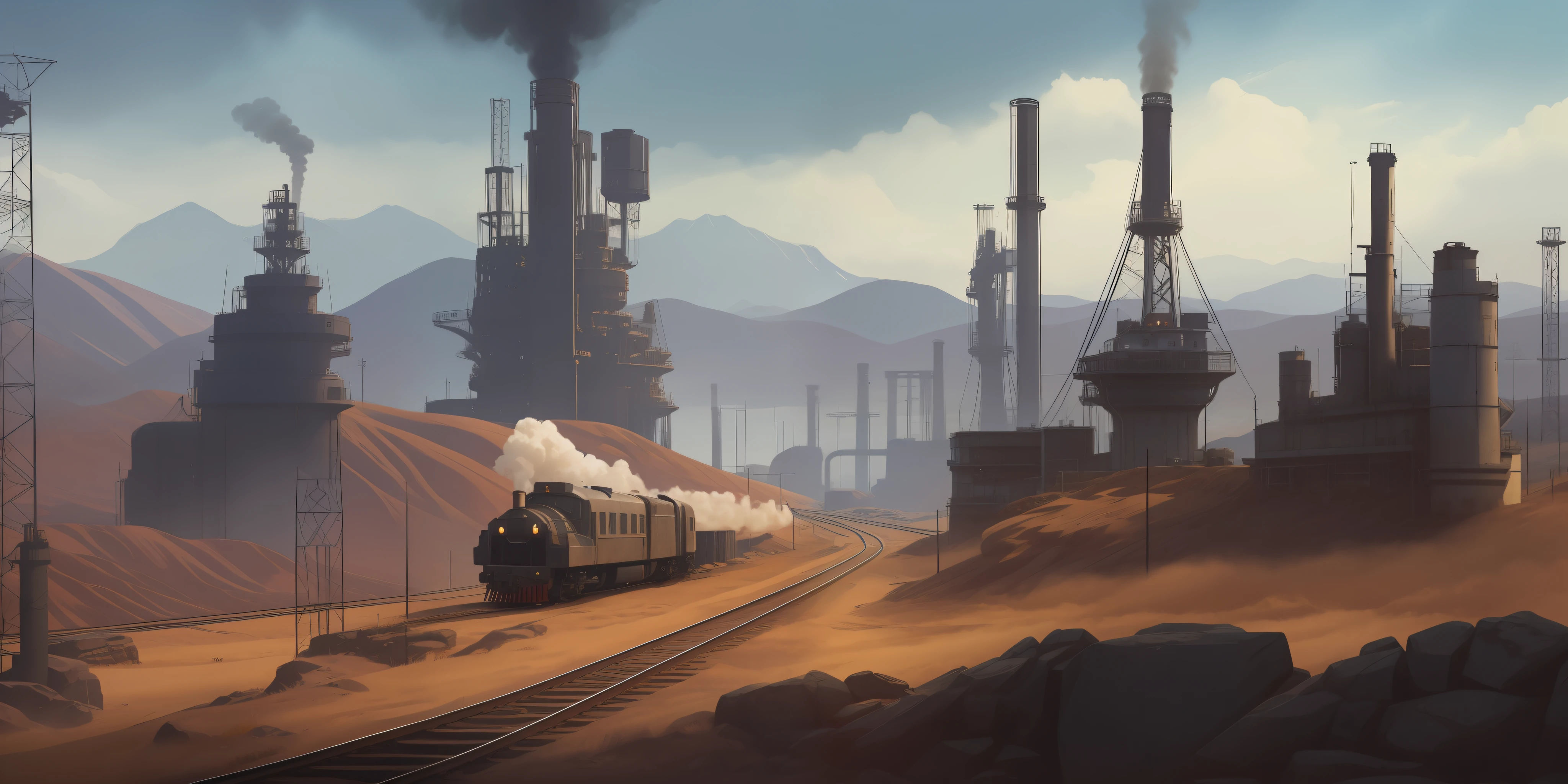 Faraway view，Wide screen，European and American illustration style，Westworld，Game scene concept art，desolated，Oil exploration，Oil rigs，pipelines，Modern scene，Small towns，railroad tracks，Steam trains，Towering chimneys，gigantic mountains，Dry meadow，Skysky，High-quality paintings，GameCG，Game concept art，3A masterpiece，ultraclear，8K