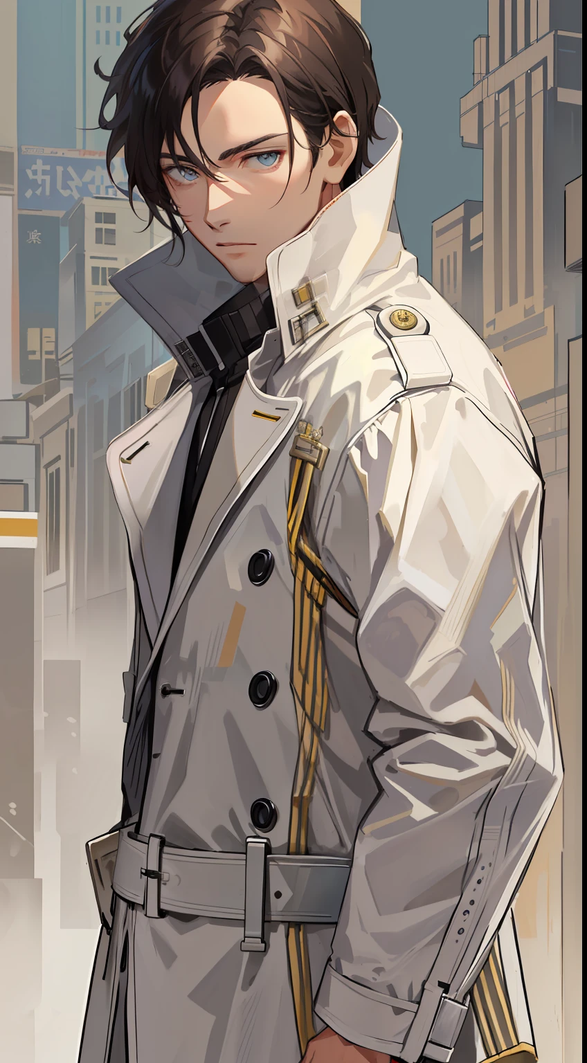 male people,brunette color hair,White trench coat,Asian people,Type 64 pistol in hand