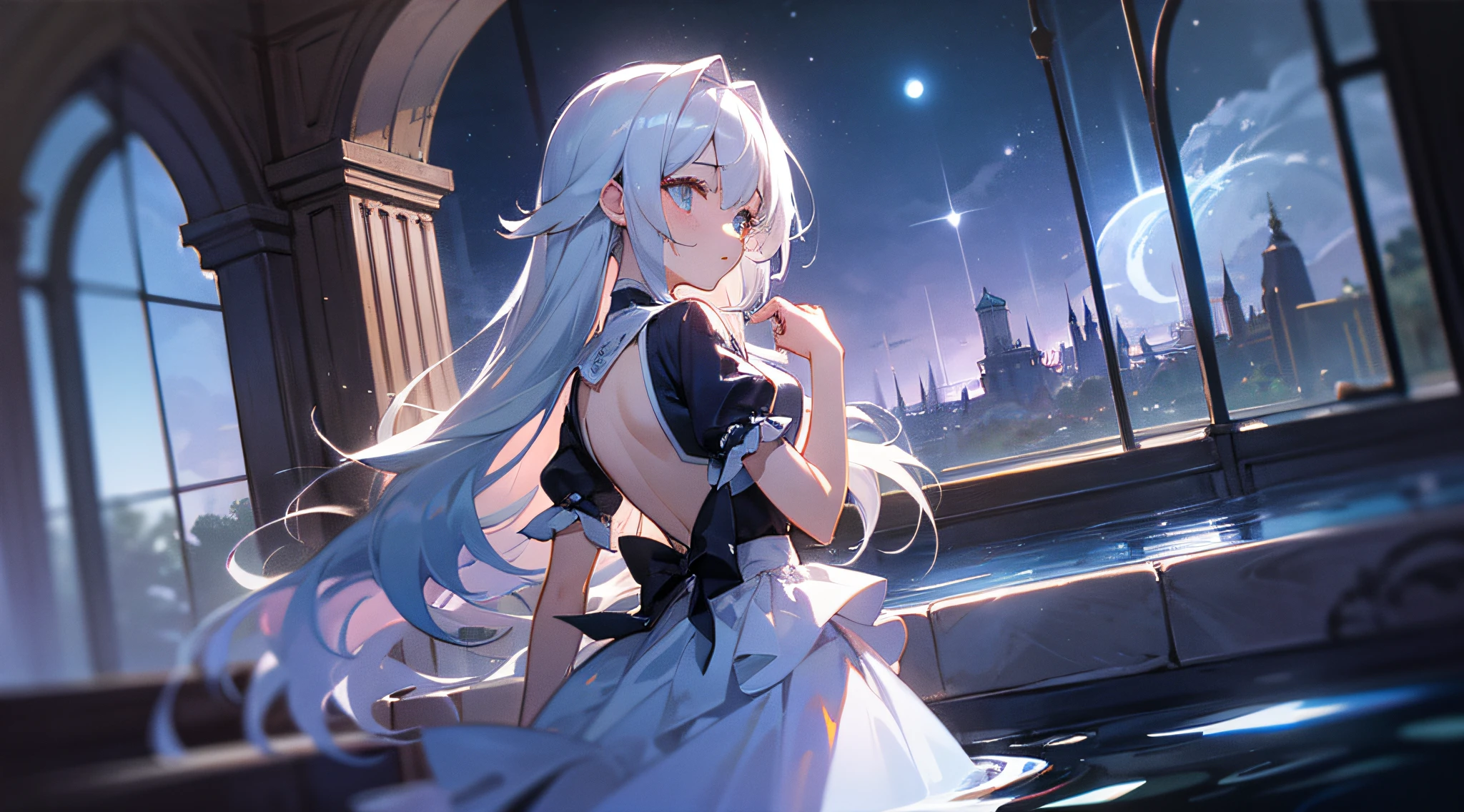 1girl in、独奏、Dynamic Angle、Dynamic Hair、Dynamic Pause、masterpiece、beautiful detailed hand、illustratio、Beautiful detailed night sky、beatiful detailed eyes、Cinematic Light、ultra-detailliert、dishevled hair、Long silver hair、curlyhair、aquariums、foam、The Darkness、White Side Slit Dress、wet、from the rear、is standing、under the water、Abandoned castle、Looking into the distance、White particles glow