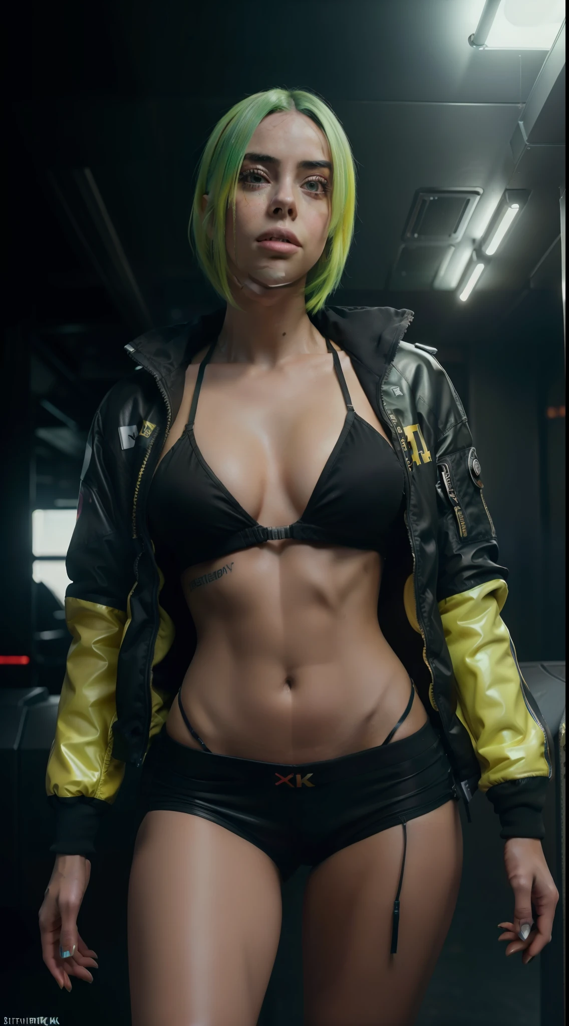 8k, ARTISTIC photography, best quality, masterpiece: 1.2), RAW photo, a (potrait:1.2) of a woman ,Cyberpunk Character, wearing Yellow bomber jacket (((Billie Eilish))) (highly detailed skin:1.2), 8k uhd, dslr, soft lighting, high quality, film grain, Fujifilm XT3, staring at the camera in front, lime Green hair, bob cut ((dynamic pose))) over-detailed face, beautiful body, voluptuous body, Huge soft breasts and beautiful abs,edge runner jacket, 8k uhd, SLR camera, soft lighting, high quality, film grain, Arri Alexa mini , Cinematic lighting, octane render, cinematic lighting, complex, 8k resolution concept art portrait, edgerunner, blade runner, Cyberpunk 2077, hyperrealistic, photo awesome, gritty, realistic, (((pure 8K))), (((perfect anatomy))), extremely high-quality graphics, Riddley Scott, Blade Runner, Denis Villeneuve, (((cinematic lighting))), ((clear details)), complex, highly detailed background, posing on aircraft carrier, midday sunlight.