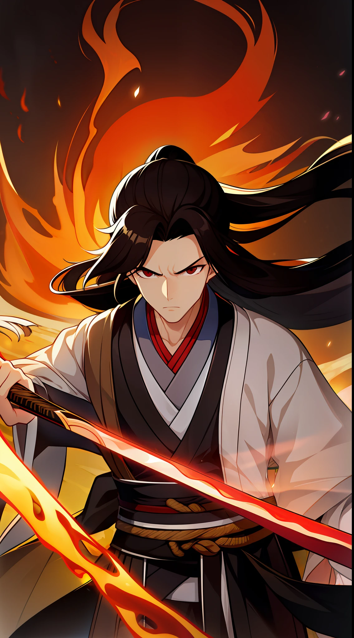 adult man, Long black hair, high ponytail, brown eye color, Hanfu, fiery sword, A serious look, Masterpiece, hiquality