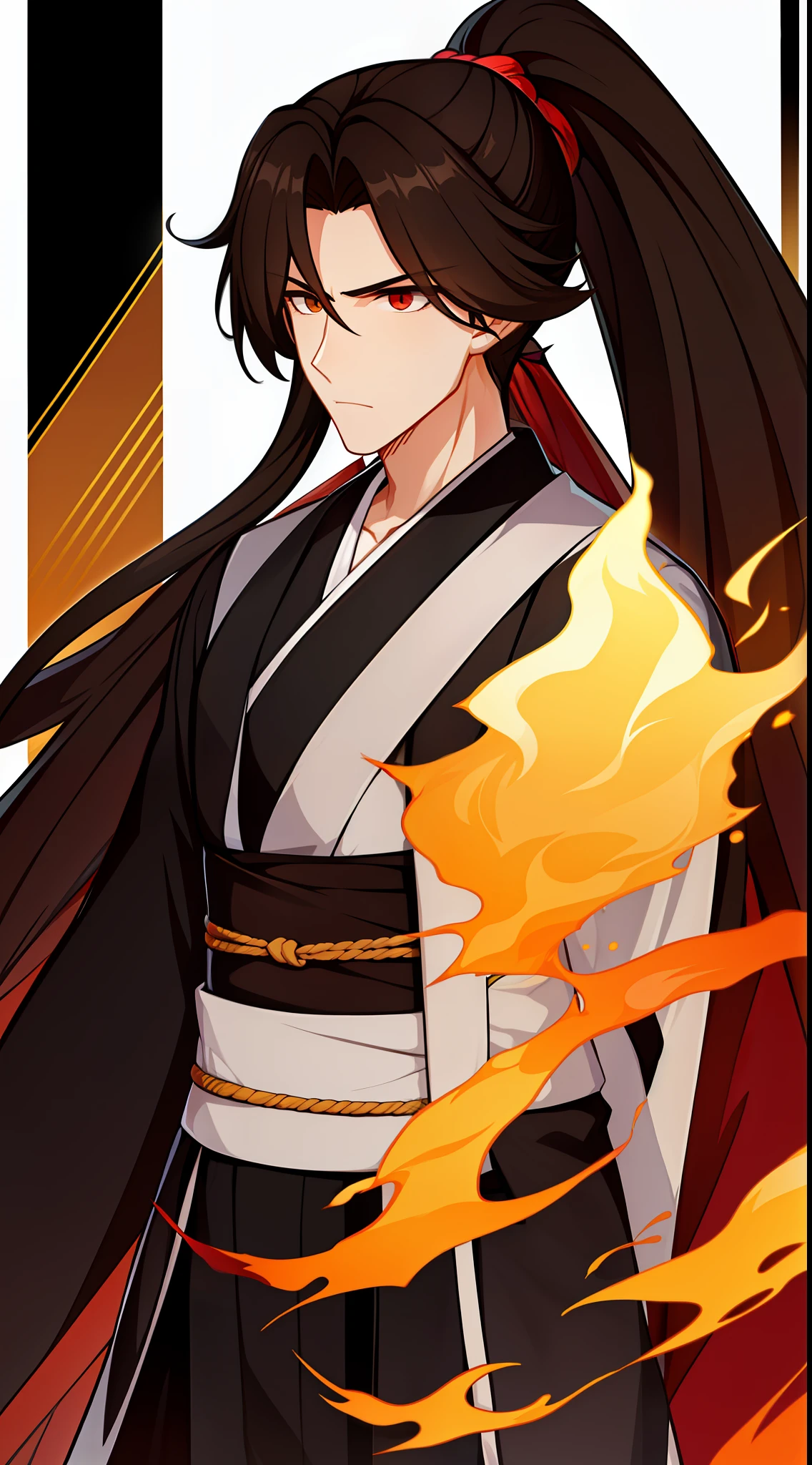 adult man, Long black hair, high ponytail, brown eye color, Hanfu, fiery sword, A serious look, Masterpiece, hiquality