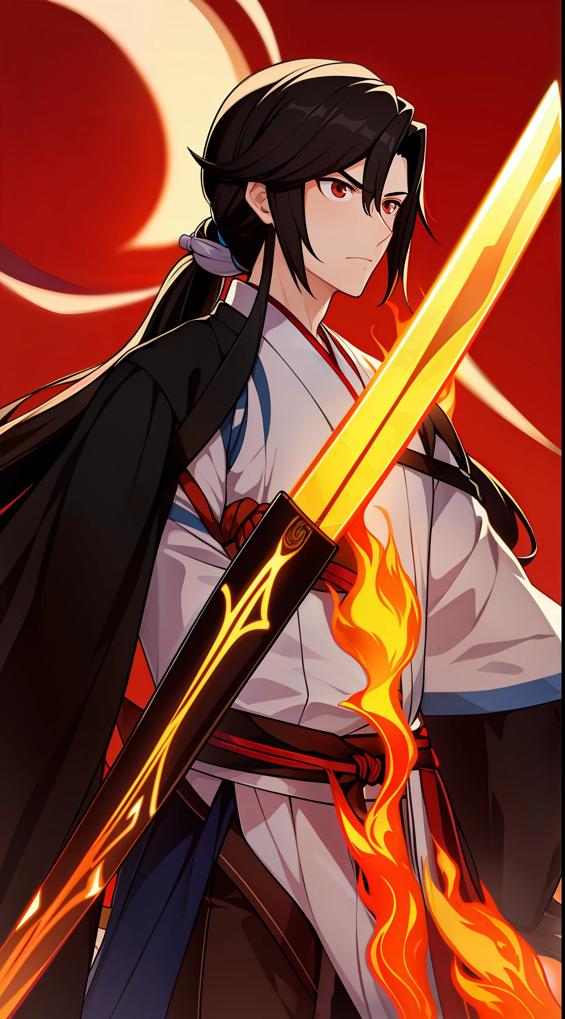 adult man, Long black hair, high ponytail, brown eye color, Hanfu, fiery sword, A serious look, Masterpiece, hiquality
