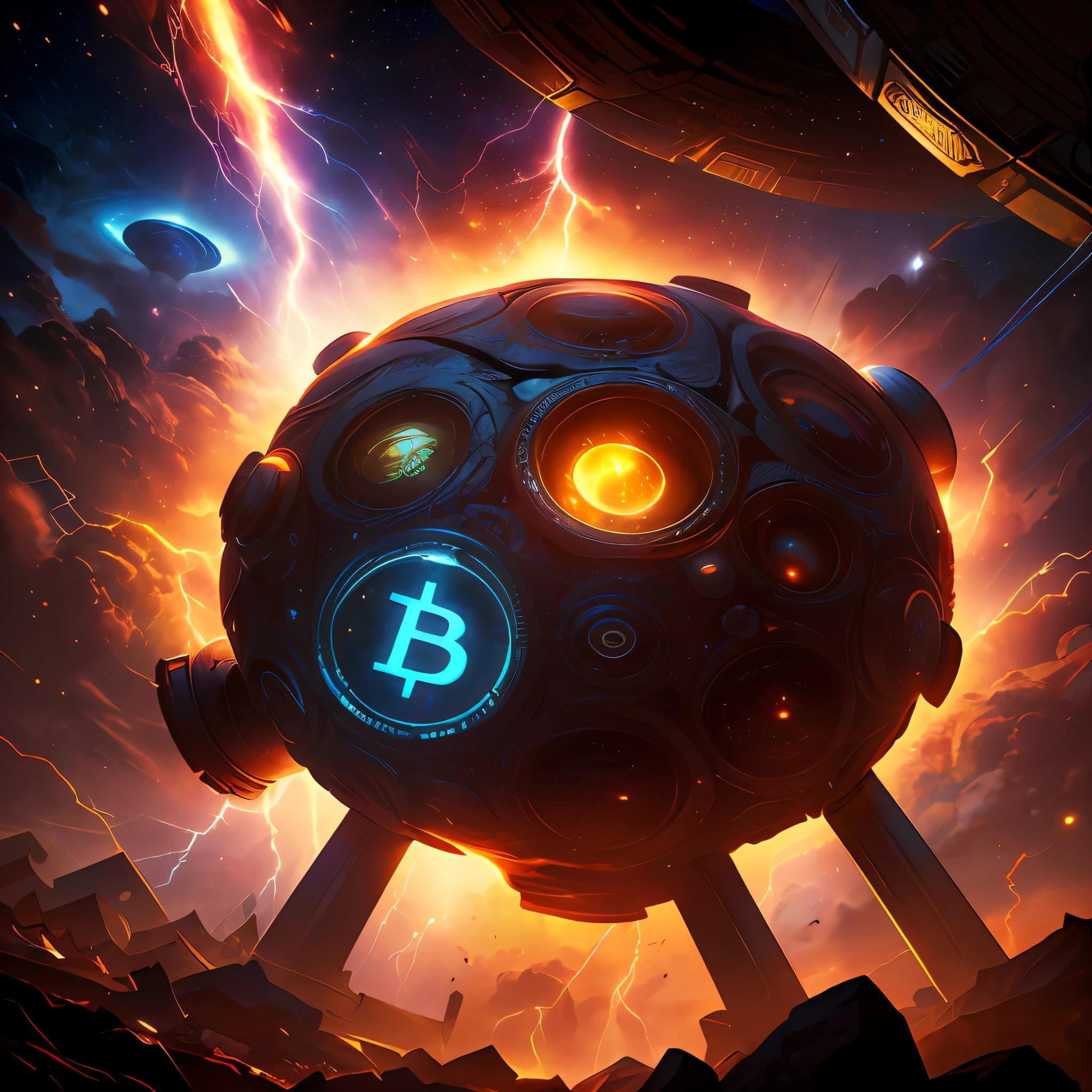 a man holding bitcoin, lightning storm on saturn, planet on main, low angle, (universe:1.2), (intricate details:1.22), hdr, (intricate details, hyperdetailed:1.2), cinematic, intense, cinematic composition, cinematic lighting, (rim lighting:1.3), color grading, focused, --auto