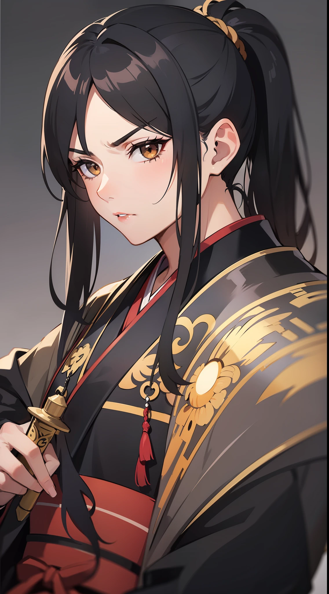 adult man, Long black hair, high ponytail, brown eye color, Hanfu, fiery sword, A serious look, Masterpiece, hiquality