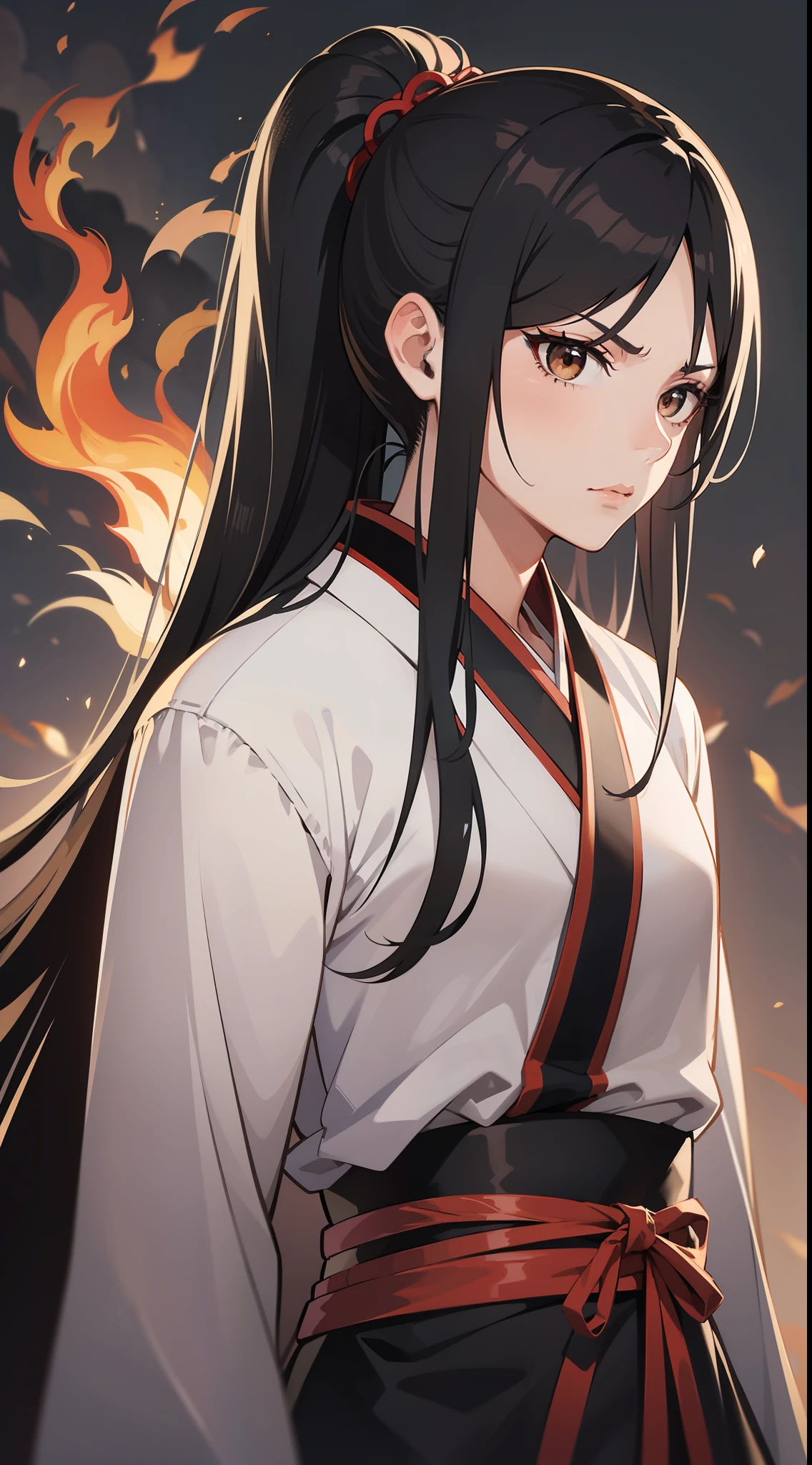 adult man, Long black hair, high ponytail, brown eye color, Hanfu, fiery sword, A serious look, Masterpiece, hiquality