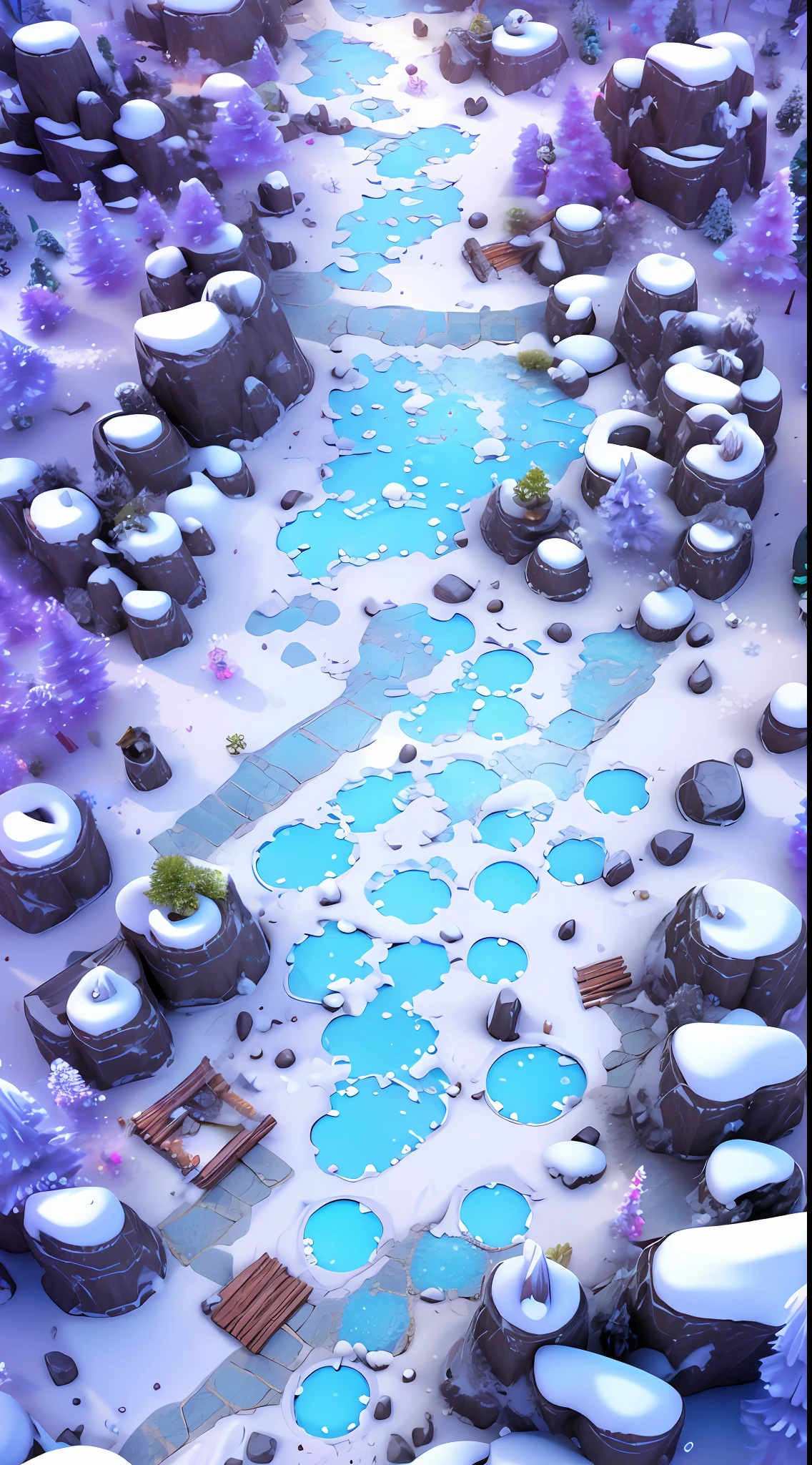 Game map design,cartoonish style,Snow and ice theme、angle of depression,In the middle is a smooth path,gameicon,A desert,Rochas,cacti,tmasterpiece,Epic composition,best qualtiy,超高分辨率,3Drenderingof,8K