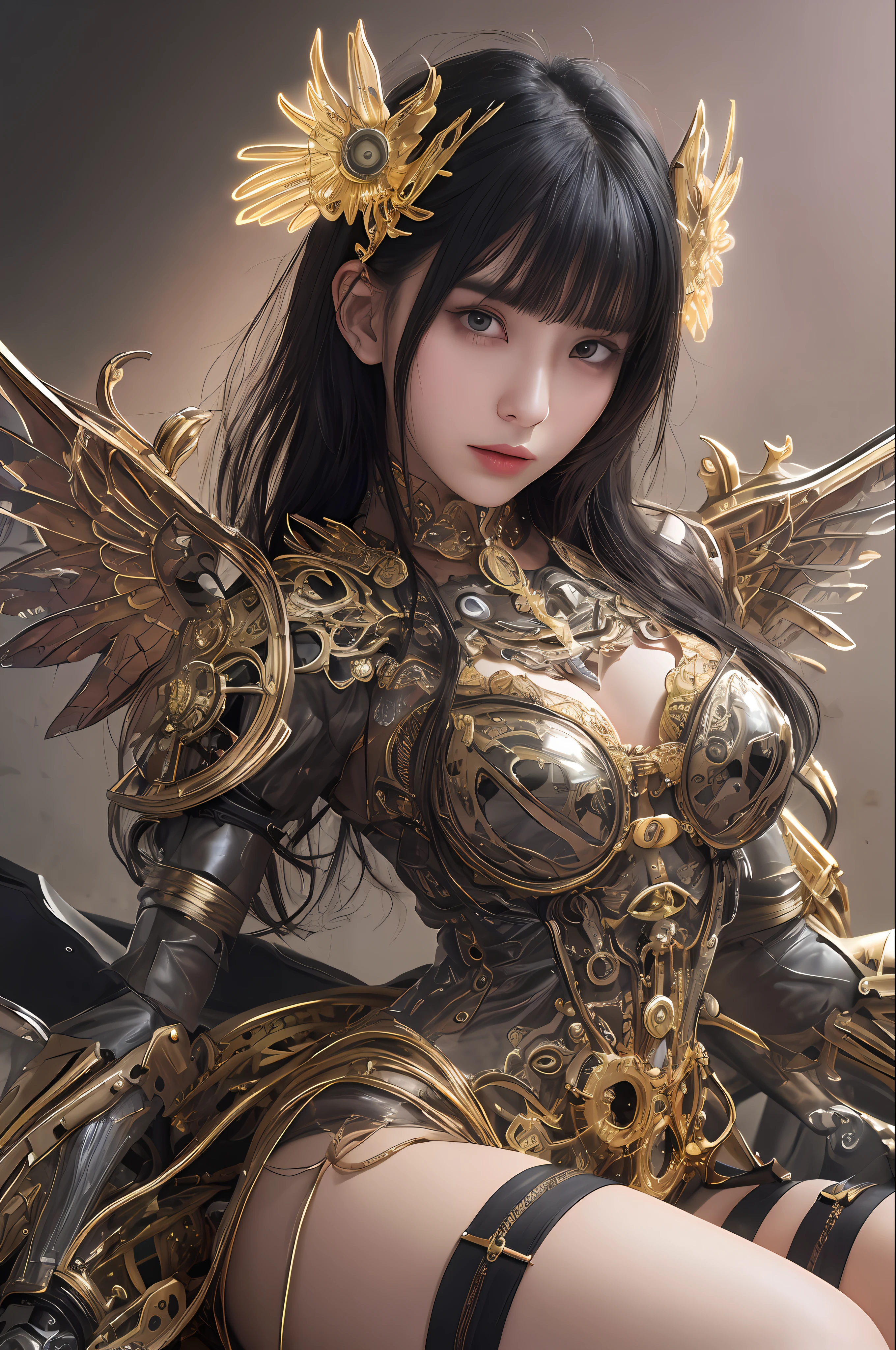 top-quality、​masterpiece、超A high resolution、(Photorealsitic:1.4)、Raw photo、女の子1人、Black hair、glowy skin、1 Mechanical Angel、large metal wings、Shining Angel Circle、((super realistic details))、portlate、globalillumination、Shadow、octan render、8K、ultrasharp、Colossal tits、Raw skin is exposed in cleavage、metals、Details of complex ornaments、Steampunk details、Matsumoto Meter、meter、vacuum tubes、Nixie Kan、Oil pressure gauge、Glass Kan、Analog Meter、gear wheel、gear、Golden hydraulic cylinder、highly intricate detail、Realistic light、CGSoation Trends、a purple eye、radiant eyes、Facing the camera、neon details、Mechanical limbs、blood vessels connected to tubes、Mechanical vertebrae attached to the back、mechanical cervical attaching to neck、sitting on、Wires and cables connecting to the head、evangerion、Small LED lamp、