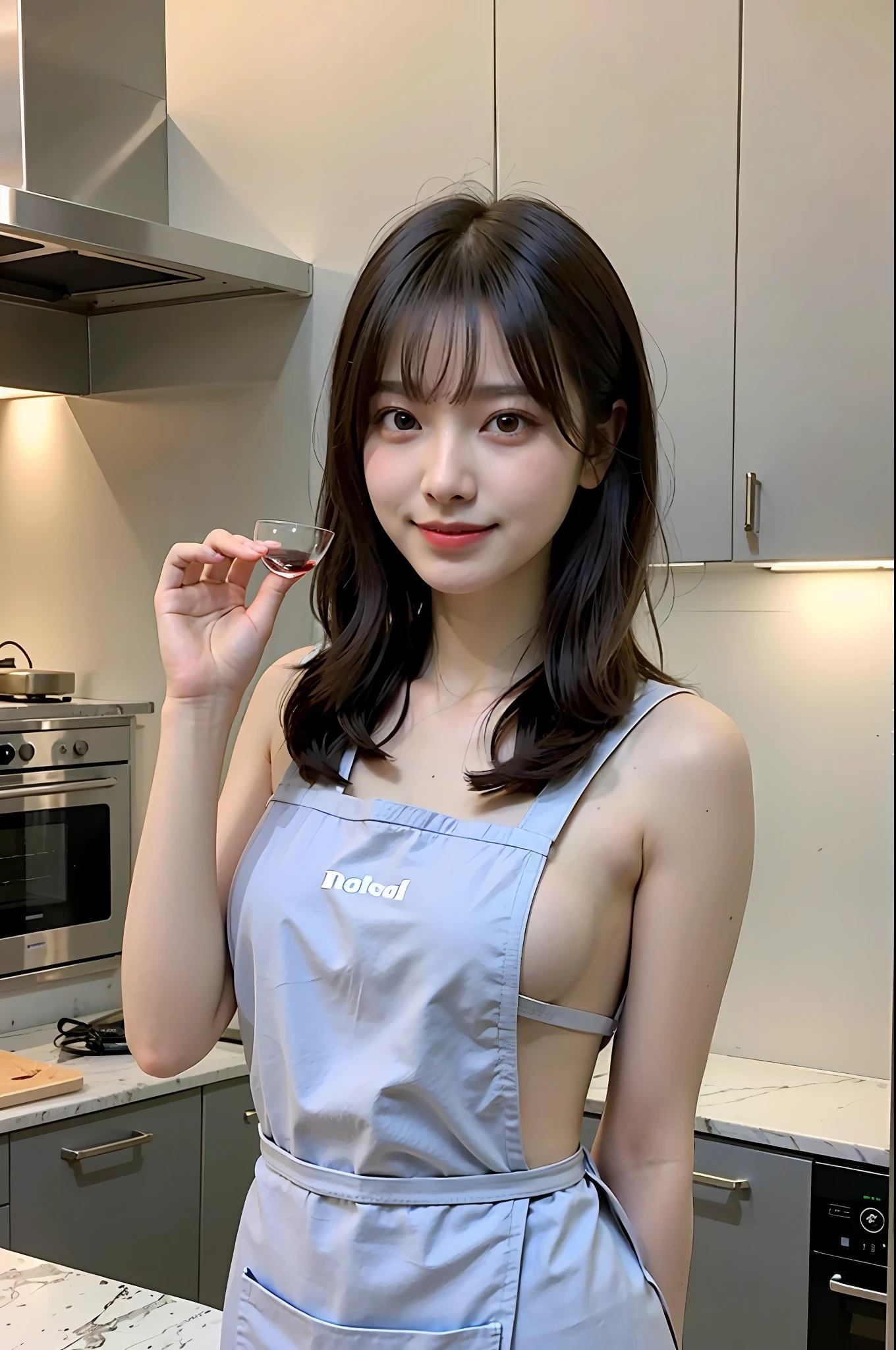 a woman is cooking、(kitchin_Apron:1.Wear 3)、Good Hand、4K、hight resolution、​masterpiece、top-quality、Cap:1.3、((Hasselblad photo))、Fine skin、foco nítido、(lighting like a movie)、Soft lighting、dynamic ungle、[:(详细的脸:1.2):0.2]、Medium chest、sweats streamed skin:1.2、(((In the kitchen))) Cute smile　Viewer's Perspective　Colossal tits　Tying hair　Sleeveless　Put out your upper arm　Shoulders are sticking out　Cleanliness　Large kitchen　Beautiful kitchen　wine glasses　posterior view　Behind　backs　Hair is raised and tied