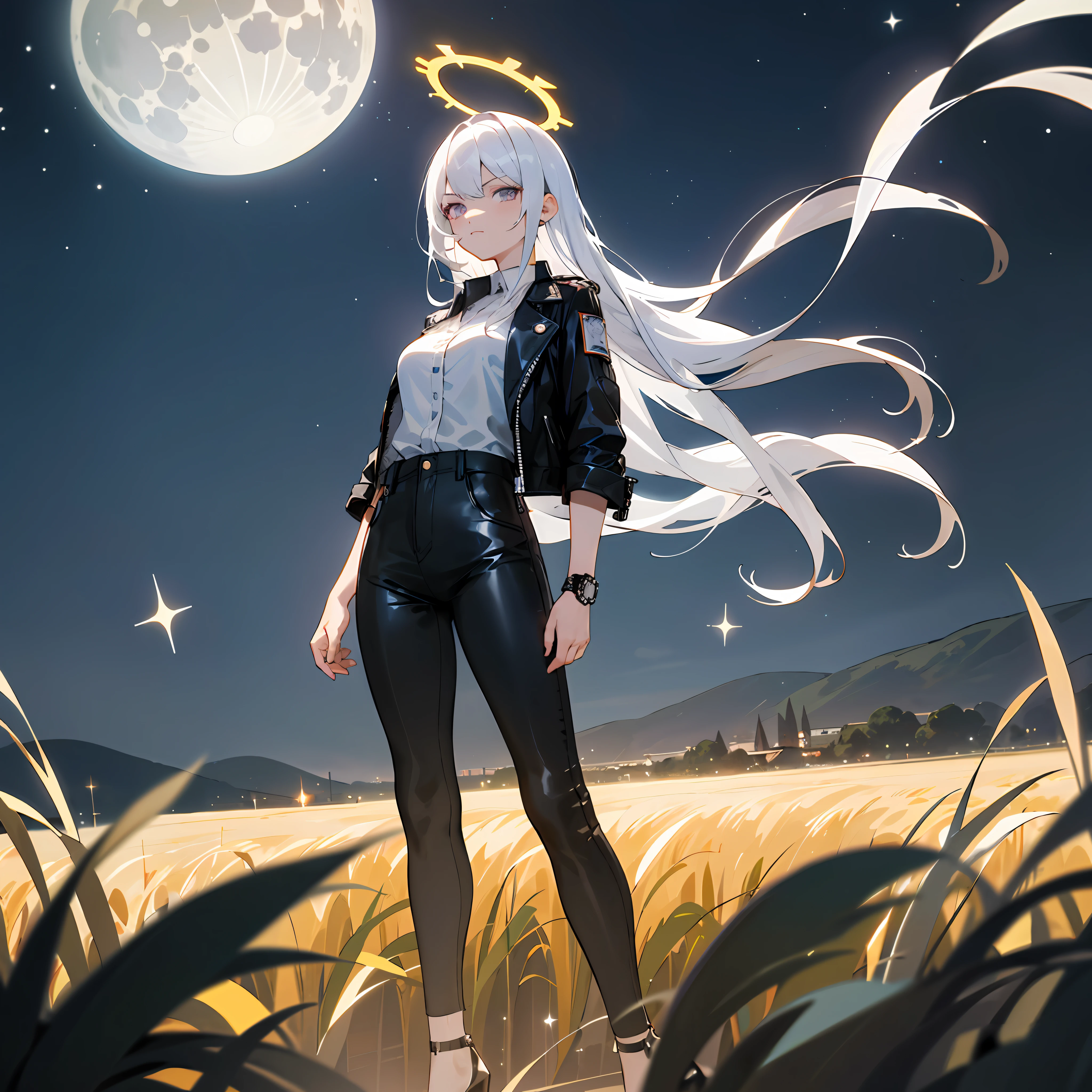1((masterpiece,best quality,highest quality,illustration,intricate details)), teenage, white hair, white halo, blue archive style halo, standing, black crop leather jacket, small leather jacket, white shirt, long black pants, white high heels, big breasts, (long hair), 1girl, dark violet eyes, normal eyes, Serious face, night, stars, full moon, overlook,kingdom, panorama, landscape,field, rural, looking at viewer.
