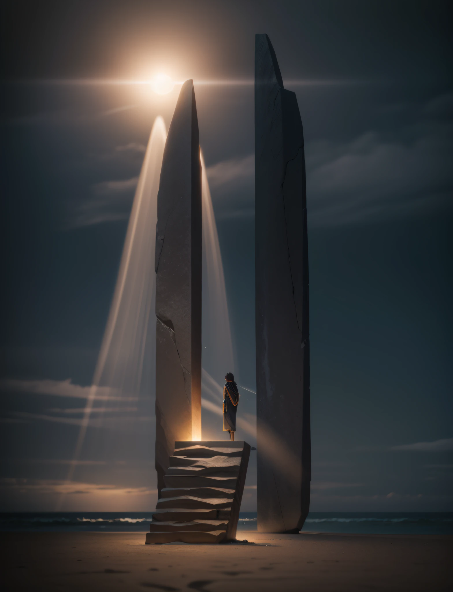 stone pillar,Landscape sculpture,Seaside sculptures,sandbeach,sea shell,The back of the person,rays of moonlight,swell sea,islands,nighttime scene,depth of fields,Bright art style,Wall washer,projection, high definition detail, Hyper-detailing, softlighting, Deep field focus bokeh, Ray traching, 真实感. --v6