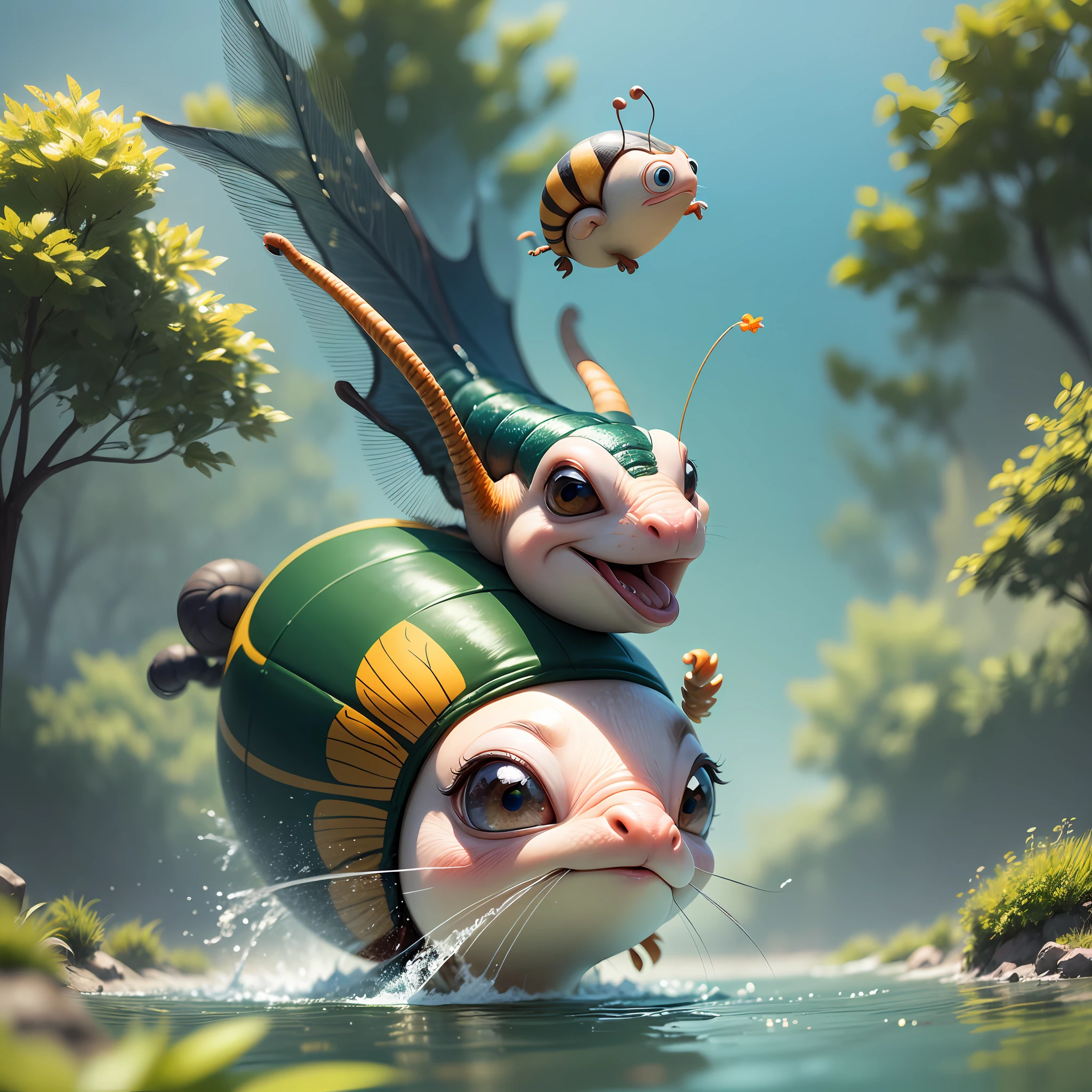 Sports competitions. Funny, funny Snail and funny Caterpillar. They fly somersault from a springboard into the water. close-up. Disney Pixar cartoon style frame, super photorealistic, cinematic, muted colors, light haze, high-speed blurry background of a summer meadow. --auto --s2