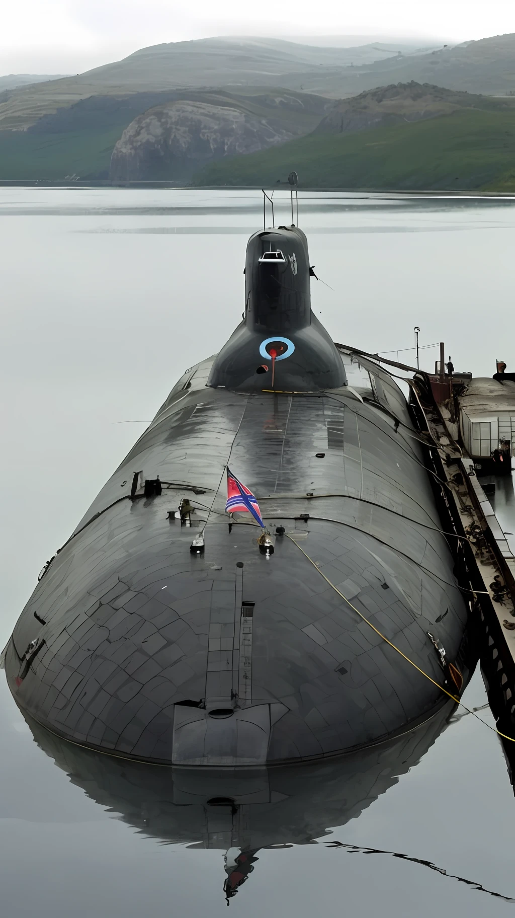 arafed submarine docked in a body of water with a flag on it, giant submarine, beached submarine, in a nuclear submarine, attacked submarine in background, photograph credit: ap, submarine, submarine in background. dark, the photo shows a large, sergey krasovskiy, ivan shiskin, by Boris Vladimirski, icbm