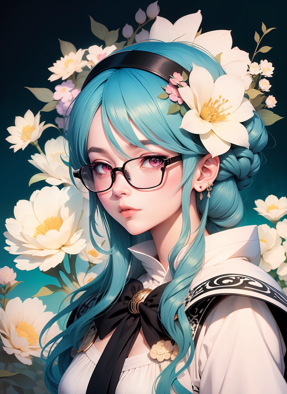 anime girl with blue hair and glasses with flowers in her hair, detailed digital anime art, anime styled digital art, digital anime illustration, beautiful anime art style, digital art on pixiv, anime style portrait, beautiful anime portrait, anime style 4 k, anime girl with teal hair, digital anime art, anime style illustration, anime art style, kawaii realistic portrait,drawing of a woman with blue hair and glasses with flowers in her hair, 2 d anime style, decora inspired illustrations, inspired by Yumihiko Amano, anime girl with teal hair, anime style portrait, beautiful anime art style, portrait of jinx from arcane, manga art style, anime style illustration, anime art style, anime style art, anime styled, beautiful line art, detailed manga style, extremely fine ink lineart, black and white manga style, black and white line art, ink manga drawing, intense line art, pencil and ink manga drawing, intense black line art, in style of manga, exquisite line art, perfect lineart,exquisite line art, exquisite digital illustration, detailed digital drawing, black and white coloring, digital anime illustration, a beautiful artwork illustration, detailed matte fantasy portrait, beautiful line art, great digital art with details, goddess. extremely high detail, 4k detailed digital art, stunning digital illustration