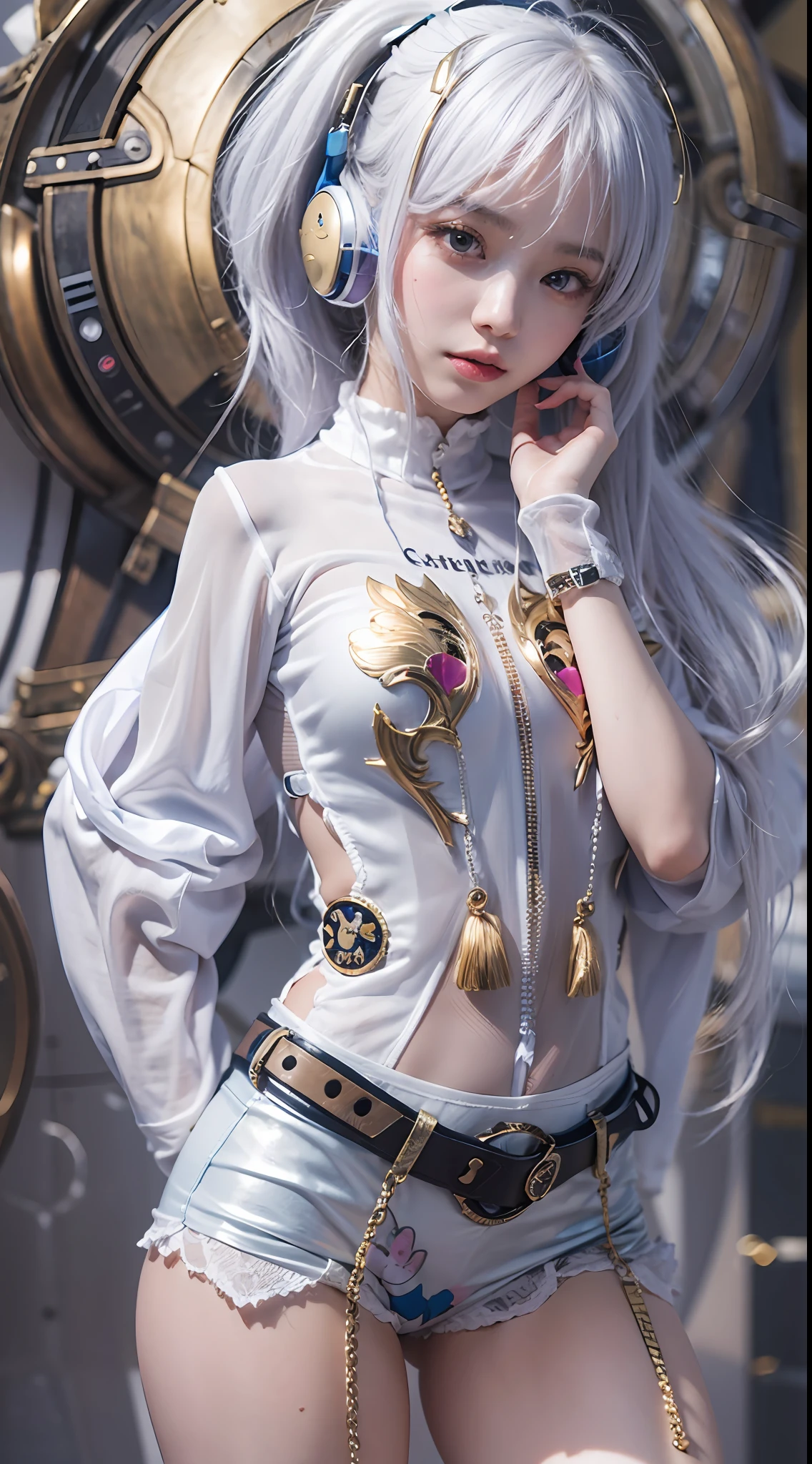 ((Masterpiece)), best quality, absurderes, ultra detailed, holographic, cowboy shot, dynamic pose, golden ratio, super cute girl, mature girl, extremely beautiful, super beautiful asian girl with super beautiful violet eyes, super beautiful white hair, shiny skin, high ponytail, nice and sexy body, slim and delicate body, perfect body, wearing a super tight printed white crop top, kawaii panties, fox headset, being photographed in a kawaii alien spaceship