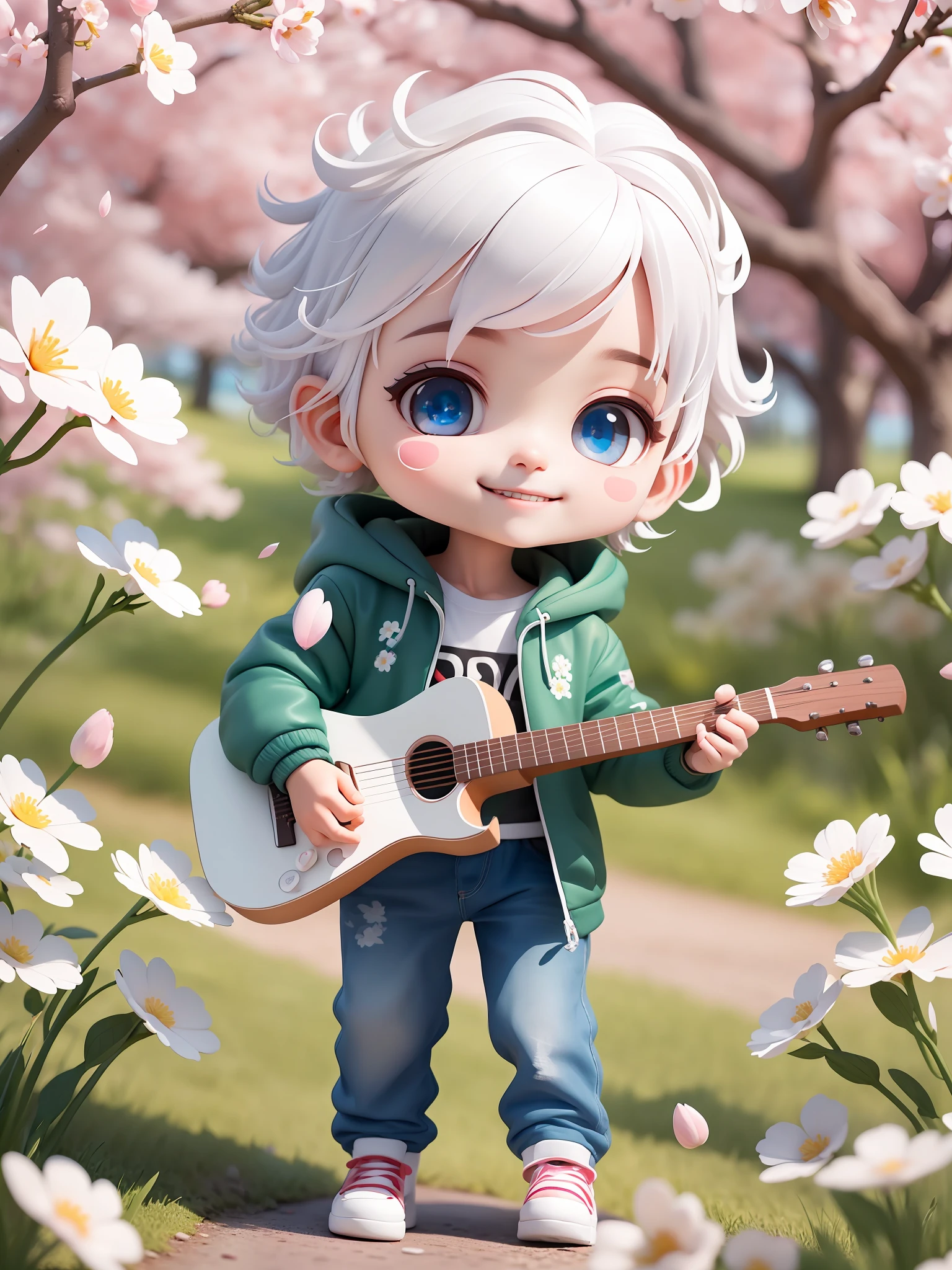 (masterpiece),(best quality),(ultra-detailed), (full body:1.2), 1boy,chibi,cute, smile, outdoors, playing guitar, music, holding guitar, jacket White, blush, park, shirt, short hair, cherry blossoms, blurry, white hair, blush stickers, long sleeves, white hair, flower red, (handsome detailed face), (beautiful detailed eyes),