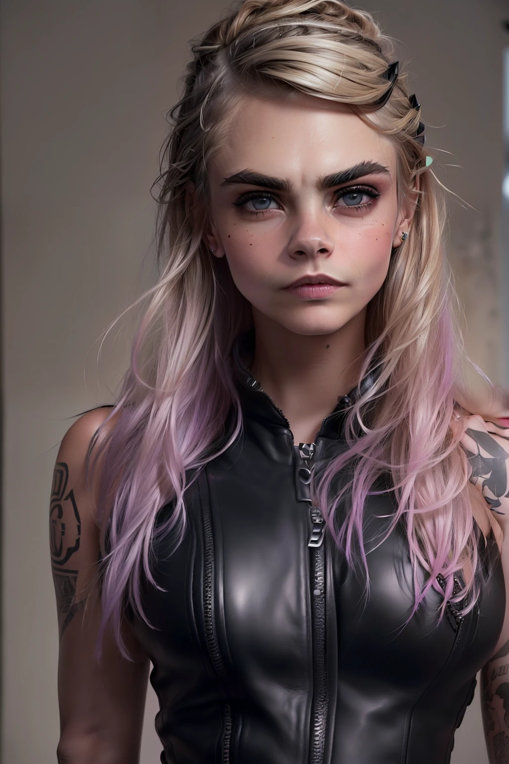 (((Cara Delevingne steht in einer Kunstgalerie)), ((sie guckt verliebt)), ((she has round breasts)), (she wears a black leather dress), ((punk)), (kleiner Kopf), ((detailliertes Gesicht)), (fotorealistisch), (Raytracing), (scharfer Fokus), ((natural realistic skin texture)), detaillierte Lippen