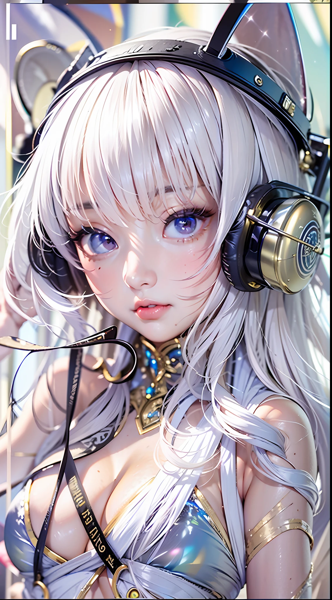 ((Masterpiece)), best quality, absurderes, ultra detailed, holographic, cowboy shot, dynamic pose, golden ratio, super cute girl, mature girl, extremely beautiful, super beautiful asian girl with super beautiful violet eyes, super beautiful white hair, shiny skin, high ponytail, nice and sexy body, slim and delicate body, perfect body, wearing a super tight printed white crop top, kawaii panties, fox headset, being photographed in a kawaii alien spaceship
