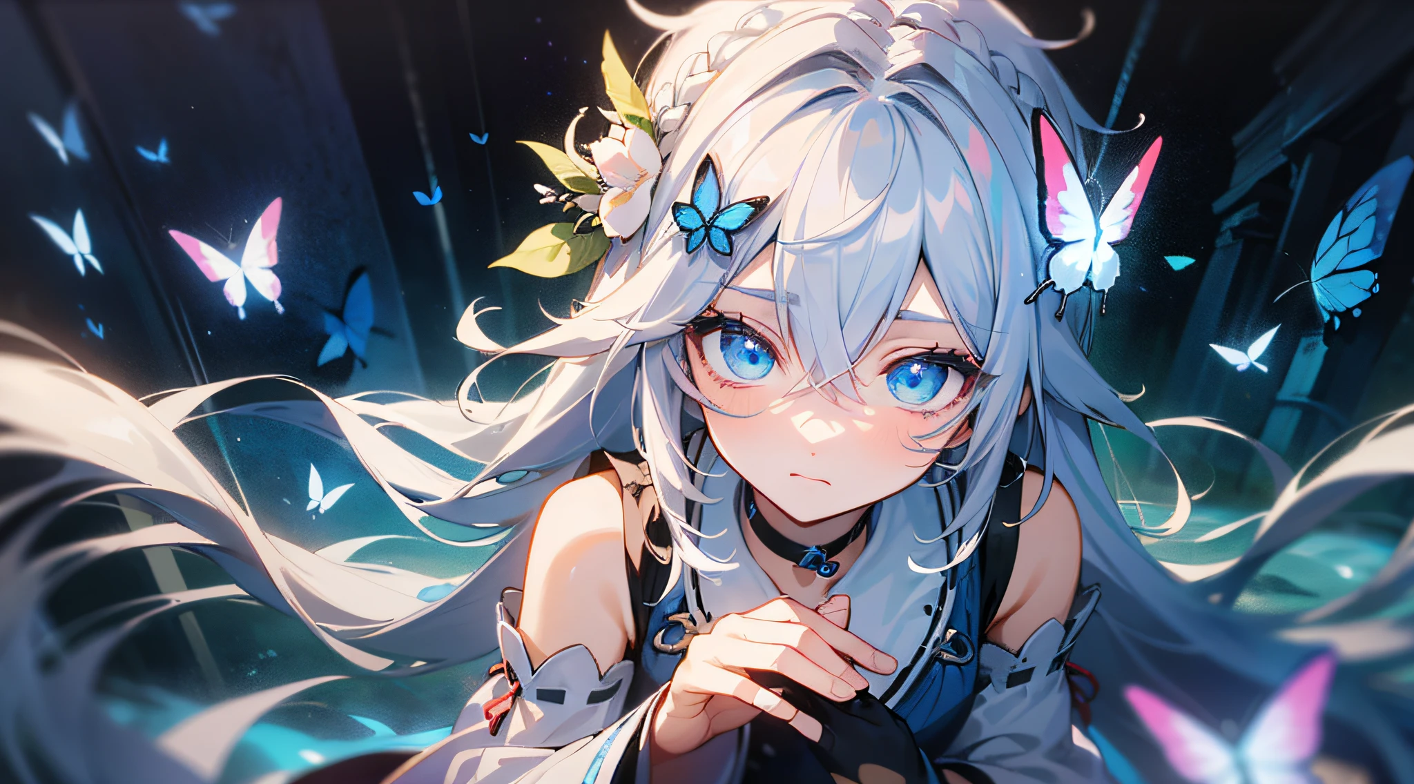 (Overhead view),dynamic angle,ultra-detailed, illustration, close-up, straight on, 1girl, (fantasy:1.4), (azure blue eyes:1.233),Her eyes shone like dreamy stars,(glowing eyes:1.233),(beautiful and detailed eyes:1.1),(Silver hair:1.14),(messy hair,very long hair,french braid,hair between eyes,sidelocks), (+(bule hair flower:1.14)),(chiffon dress,bule flower pattern in uniform)/=(military uniform:1.24),(detached sleeves,wide sleeves),(fingerless gloves),choker,(miko thighhighs),High heeled boots,(expressionless,closed mouth),(standing), (classical Princess boudoir with dressing tableand french windowin a white ancient palaces),(white flowers,bloom),(abysmal sea),(flowing water),(a dull blue world tree:1.14),(ruins),(night:1.2),dreamy,soul,(fluorescence),(flying translucent blue butterflies:1.15), [[delicate fingers and hands:0.55]::0.85],(detail fingers),(yubao:0.5),upper body,