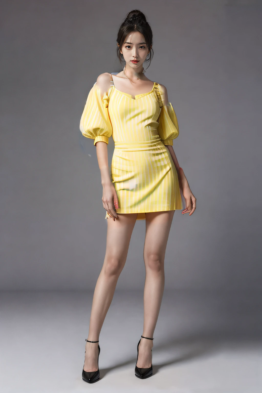 Girl posing for photo in yellow striped dress, Half sleeve, Uptrend ，, full-body view, Wearing a pale yellow dress, shaxi, astral dress, nico wearing a white dress, Fashion, mercury dress, jia, inspired by Viktor de Jeney, bone dress, Short dress, full product shot, minimal bodycon feminine costume, 
131/2000
Best quality, Full body like，Refined face，pretty  face，25 years old woman，slimfigure，Smaller bust，office lady uniform，Office wear，black lence stockings，Outdoor Scene，Sit Pose