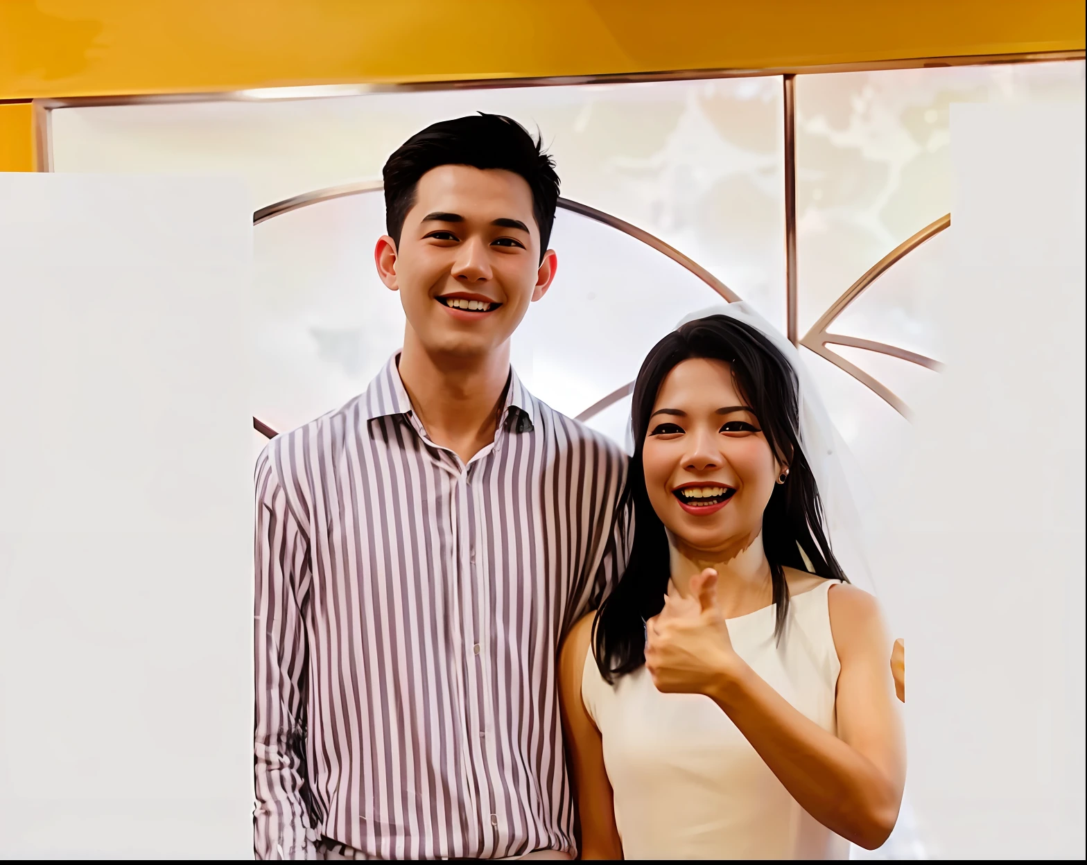 A couple of newlyweds,The man wears a vertical striped shirt,having fun,blissful,rays of sunshine,The woman wears a light wedding dress,Wearing a veil,Holding a bouquet of pink roses,The background is inside the church