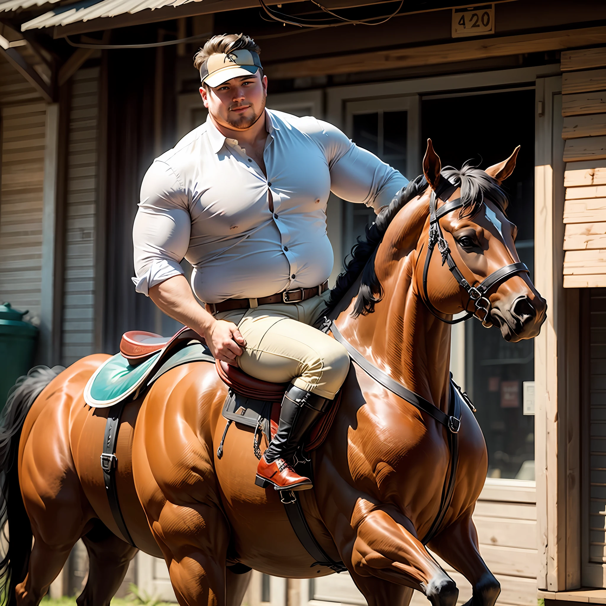 Chubby handsome man riding a horse --auto