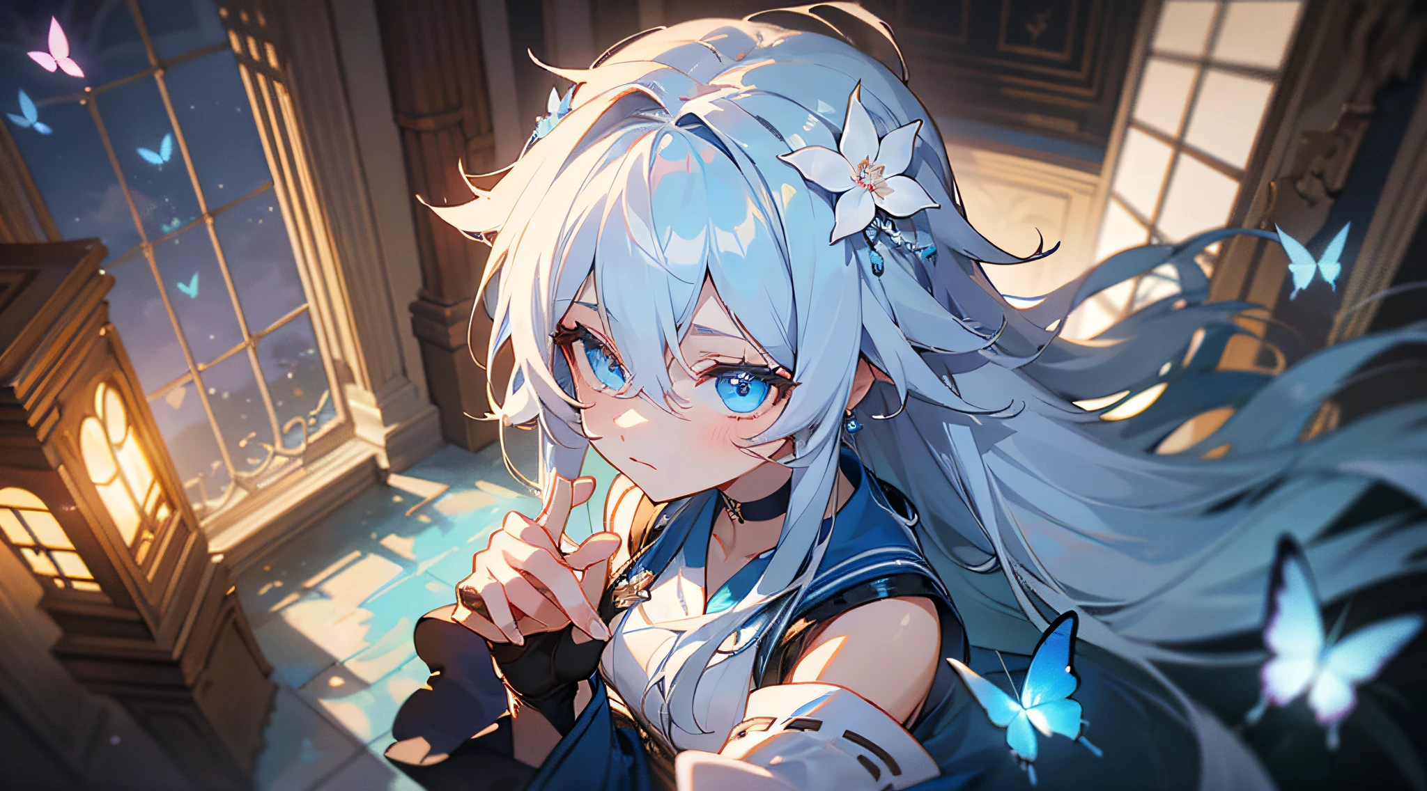 (Overhead view),dynamic angle,ultra-detailed, illustration, close-up, straight on, 1girl, (fantasy:1.4), (azure blue eyes:1.233),Her eyes shone like dreamy stars,(glowing eyes:1.233),(beautiful and detailed eyes:1.1),(Silver hair:1.14),(messy hair,very long hair,french braid,hair between eyes,sidelocks), (+(bule hair flower:1.14)),(chiffon dress,bule flower pattern in uniform)/=(military uniform:1.24),(detached sleeves,wide sleeves),(fingerless gloves),choker,(miko thighhighs),High heeled boots,(expressionless,closed mouth),(standing), (classical Princess boudoir with dressing tableand french windowin a white ancient palaces),(white flowers,bloom),(abysmal sea),(flowing water),(a dull blue world tree:1.14),(ruins),(night:1.2),dreamy,soul,(fluorescence),(flying translucent blue butterflies:1.15), [[delicate fingers and hands:0.55]::0.85],(detail fingers),(yubao:0.5),upper body,