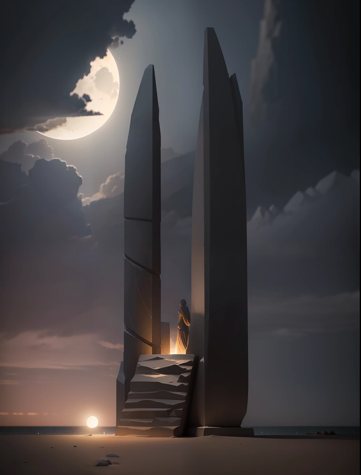 stone pillar，Landscape sculpture，beachside，sandbeach，themoon，nighttime scene，depth of fields， high definition detail， hyper-detailing， cinematic ligh， softlighting， Deep field focus bokeh， Ray traching， Diffuse （Ultrafine Glass Reflection） and realism. --auto --v6