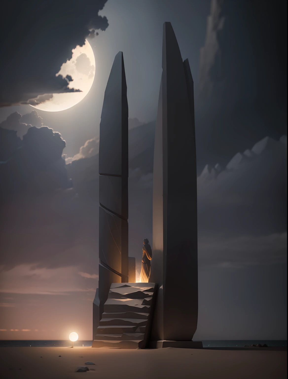 stone pillar,Landscape sculpture,beachside,sandbeach,themoon,nighttime scene,depth of fields, high definition detail, hyper-detailing, cinematic ligh, softlighting, Deep field focus bokeh, Ray traching, Diffuse (Ultrafine Glass Reflection) and realism. --auto --v6