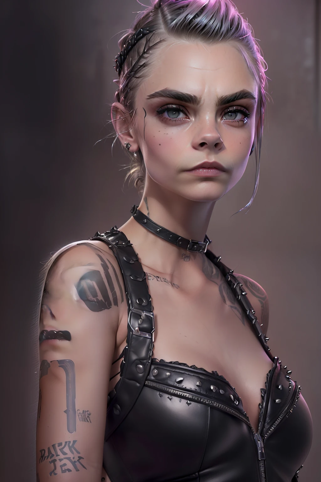 (((Cara Delevingne)), ((sie guckt verliebt)), ((she has round breasts)), (she wears a black leather dress), ((punk)), (kleiner Kopf), ((detailliertes Gesicht)), (fotorealistisch), (Raytracing), (scharfer Fokus), ((natural realistic skin texture)), detaillierte Lippen, (bottom_view)