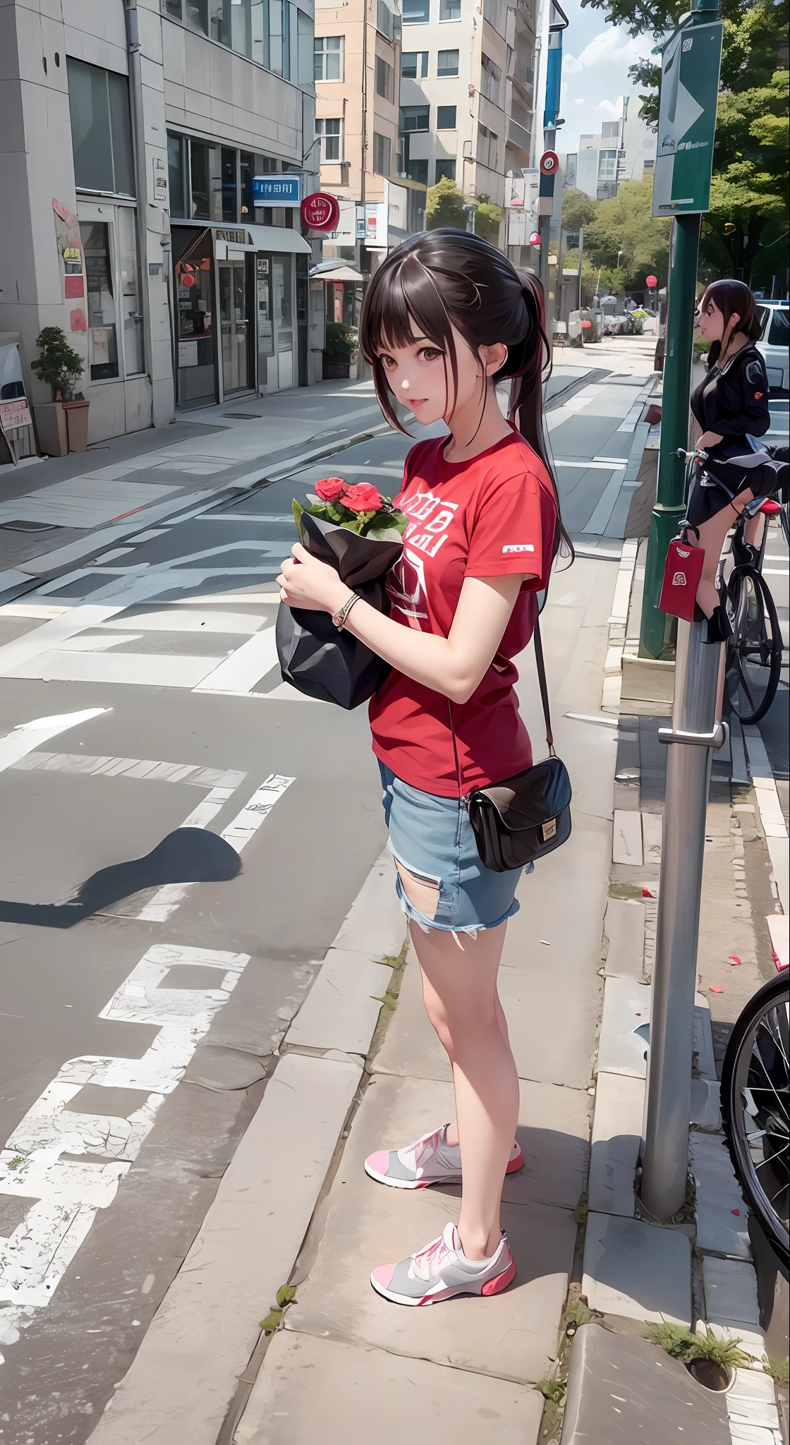 A woman stood on the sidewalk，Roses in hand, chinese artist, Unreal 5, standing in a city center, On the street, animemanga girl, Anime moe art style,Anime style portrait,longponytail,red t-shirt，denim short